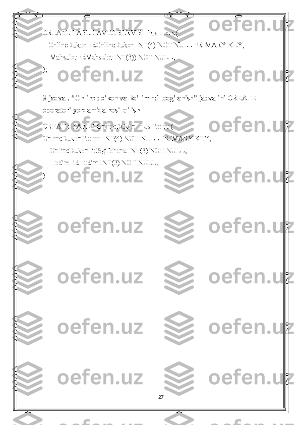 CREATE TABLE  AVTO SERVIS  _has_Hona(
    OnlineDukon _id OnlineDukon  INT(4) NOT NULL PRIMARY KEY,
     Mahsulot_idMahsulot INT(3)) NOT NULL,    
);
8-jadval. “ Online do’kon  va Bo’lim n:1 bog’lanish” jadvalini CREATE 
operatori yordamida hosil qilish
CREATE TABLE  OnlineDukon  _has_Bolim(
OnlineDukon  Bolim INT(4) NOT NULL PRIMARY KEY,
     OnlineDukon _idSgifohona INT(3) NOT NULL,  
     Hodim_idHodim INT(3) NOT NULL,  
)
27 