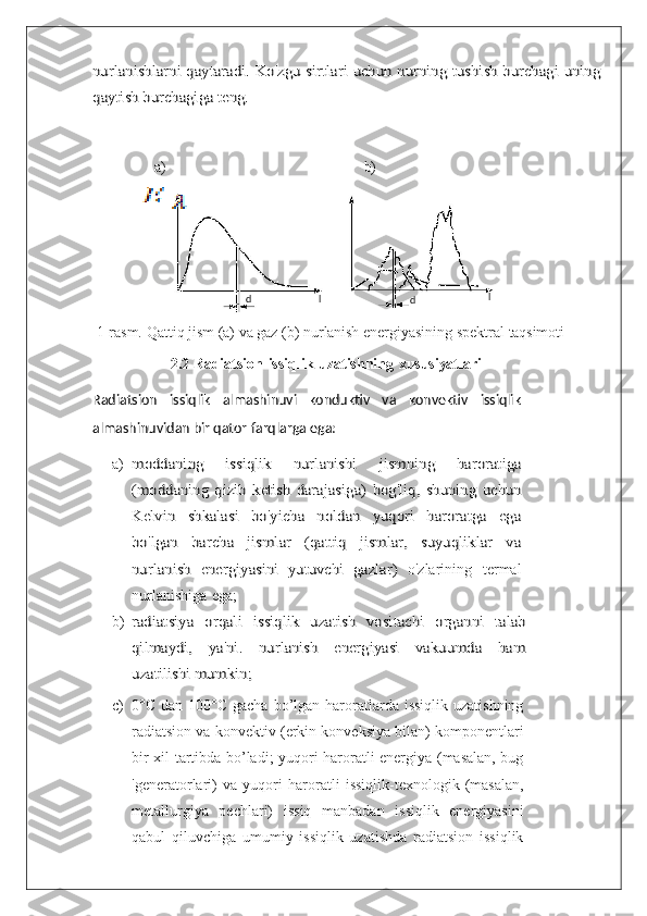 d l
dl	
nurlanishlarni qaytaradi. Ko'zgu sirtlari uchun nurning tushish burchagi uning
qaytish burchagiga teng.            a)                                                    b)
  1-rasm. Qattiq jism (a) va gaz (b)  nurlanish  energiyasining spektral  taqsimoti
2.2 Radiatsion   issiqlik   uzatishning   xususiyatlari
Radiatsion   issiqlik   almashinuvi   konduktiv   va   konvektiv   issiqlik
almashinuvidan bir qator farqlarga ega: 
a)	
moddaning	 	issiqlik	 	nurlanishi	 	jismning	 	haroratiga	
(moddaning  qizib	 ketish	 darajasiga)	 bog'liq,	 shuning	 uchun	
Kelvin	 	shkalasi	 	bo'yicha   noldan   yuqori   haroratga   ega	
bo'lgan   barcha   jismlar   (qattiq   jismlar,   suyuqliklar   va
nurlanish   energiyasini   yutuvchi   gazlar)  
o'zlarining   termal
nurlanishiga   ega;
b)
radiatsiya	 	orqali	 	issiqlik	 	uzatish	 	vositachi	 	organni	 	talab	
qilmaydi,   ya'ni.   nurlanish   energiyasi   vakuumda   ham
uzatilishi mumkin;
c) 0°C  dan 100°C  gacha  bo’lgan haroratlarda issiqlik  uzatishning
radiatsion va konvektiv (erkin konveksiya bilan) komponentlari
bir xil tartibda bo’ladi; yuqori haroratli energiya (masalan, bug
'generatorlari)   va   yuqori   haroratli   issiqlik-texnologik   (masalan,
metallurgiya   pechlari)   issiq   manbadan   issiqlik   energiyasini
qabul   qiluvchiga   umumiy   issiqlik   uzatishda   radiatsion   issiqlik 