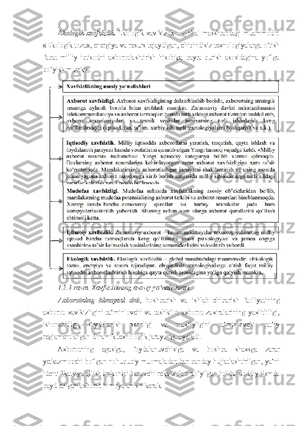 Ekologik xavfsizlik.   Ekologik xavfsizlik   –   global   masshtabdagi  muammodir.
«Ekologik toza», energiya va resurs tejaydigan, chiqindisiz texnologiyalarga o tishʻ
faqat   milliy   iqtisodni   axborotlashtirish   hisobiga   qayta   qurish   asosidagina   yo lga
ʻ
qo yish mumkin. 	
ʻ
1.2.1-rasm. Xavfsizlikning asosiy yo nalishlari.	
ʻ  
Axborotning   himoyasi   deb ,   boshqarish   va   ishlab   chiqarish   faoliyatining
axborot   xavfsizligini   ta‘minlovchi   va   tashkilot   axborot   zaxiralarining   yaxlitliligi,
ishonchliligi,   foydalanish   osonligi   va   maxfiyligini   ta‘minlovchi   qat‘iy
reglamentlangan dinamik texnologik jarayonga aytiladi.  
Axborotning   egasiga,   foydalanuvchisiga   va   boshqa   shaxsga   zarar
yetkazmoqchi bo lgan nohuquqiy muomaladan har qanday hujjatlashtirilgan, ya‘ni	
ʻ
identifikatsiya qilish imkonini beruvchi rekvizitlari qo yilgan holda moddiy jismda	
ʻ
qayd etilgan axborot himoyalanishi kerak.  