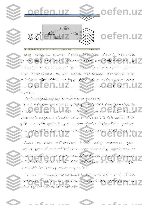 Hozirgi kunda	 bu	 anjuman	 o’qishda	 (masofadan	 o’qitish),	 medisinada
(telemedisina),	
 boshqarishda	 (elektron	 ofislar),	 eqtiyotlash	 tizimlarida	 va
boshqa	
 turli	 soxalarda	 juda	 qo’l	 kelmoqda.	 Faraz	 qilaylik,	 siz	 bir	 muammo
bilan	
 ishlamoqdasiz,	 va	 uni	 boshqa	 mamlakatdagi	 xamkasblar	 bilan
muhokama	
 qilmoqchisiz.	 Bir	 joyga	 yiilish	 uchun	 mabla	 va	 vaqt	 zarur.
Internet	
 yordamida	 bu	 muammoni	 tezgina	 muhokama	 qilib	 xal	 qilish
mumkin.
Konferensiyada	
 quyidagilar	 muhim	 ahamiyatga	 ega:
•	
 Bolanish	 tarmog’i	 sifati	 va	 tezligi	 yuqori	 bo’lishi	 shart	 (64Mb/cek	 da
ishlash	
 	mumkin,	 	lekin	 	128	 	Mb/cek	 	tavsiya	 	etiladi).	 	Odatda
videokonferensiyalarni	
 o’tkazish	 uchun	 64	 Kb/s	 do	 512	 Kb/s	 tezlikli	 ISDN
yoki	
 11.5	 Mb/s	 gacha	 bo’lgan	 IR	 tarmoqlardan	 foydalaniladi.	 Qoniqarli
sifatli	
 tasvirlar	 200	 Kb/s	 tezlikda	 va	 yuqori	 sifatli	 tasvirlar	 300	 Kb/s	 tezlikda
olinadi.
Audio	
 va	 video	 ma’lumotlarni	 ishlash	 tezligi	 muammosi,	 ya’ni
uzatilayotgan	
 ma’lumotlarni	 kodlash	 va	 qayta	 tiklash	 tezligi.	 Agar	 kompyuter
kelayotgan	
 kadrlarni,	 ovozlarni	 qayta	 ishlashga	 ulgurmasa,	 video	 va	 audio
ma’lumotlarda	
 uzilish	 bo’ladi.	 Ya’ni	 ma’lumotlar	 to’la	 aks	 ettirilmaydi.
Bunda	
 videokonferensiya	 mazmuni	 yo’qoladi.
Bu	
 muammoni	 odatda	 maxsus	 kodek	 yordamida	 xal	 etish	 mumkin.	 Kodak
maxsus	
 qurilma	 bo’lib	 u kompyuterga	 o’rnatiladi.	 Kodekning	 vazifasi	 tarmoq
uchun	
 signalni	 siqib	 va	 ochib	 berishdir. 