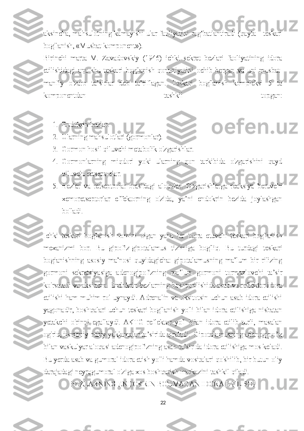 aksincha, mahsulotning kamayishi  ular faoliyatini rag‘batlantiradi  (qayta - teskari
bog'lanish, «Musbat komponent»).
Birinchi   marta   M.   Zavadovskiy   (1946)   ichki   sekret   bezlari   faoliyatining   idora
etilishidagi   ana   shu   teskari   bog'lanish   qonuniyatini   ochib   bergan   va   uni   musbat-
manfiy   o'zaro   ta’sirlar   deb   ta’riflagan.   Teskari   bog'lanish   kompleksi   5   ta
komponentdan   tashkil   topgan:
1. Endokrin bezlar.
2. Ularning mahsulotlari (gormonlar).
3. Gormon hosil qiluvchi metabolik o'zgarishlar.
4. Gormonlarning   miqdori   yoki   ularning   qon   tarkibida   o'zgarishini   qayd
qiluvchi retseptorlar.
5. Bezlar   va   retseptorlar   orasidagi   aloqalar.   O'zgarishlarga   reaksiya   beruvchi
xemoretseptorlar   effektorning   o'zida,   ya’ni   endokrin   bezida   joylashgan
bo'ladi.
Ichki   teskari   bog'lanish   nomini   olgan   yana   bir   idora   etuvchi   teskari   bog'lanish
mexanizmi   bor.   Bu   gipofiz-gipotalamus   tizimiga   bog'liq.   Bu   turdagi   teskari
bogianishning   asosiy   ma’nosi   quyidagicha:   gipotalamusning   ma’lum   bir   rilizing
gormoni   sekretsiyasiga   adenogipofizning   ma’lum   gormoni   tormozlovchi   ta’sir
ko'rsatadi va aksincha. Endokrin bezlarning boshqarilishida asab va reflektor idora
etilishi ham muhim rol uynaydi. Adrenalin va oksitotsin uchun asab idora etilishi
yagonadir, boshqalari uchun teskari bog'lanish yo'li bilan idora etilishiga nisbatan
yetakchi   o'rinni   egallaydi.   AKTG   reflektor   yo'l   bilan   idora   etilib   turli,   masalan
og'riq, jismoniy-ruhiy yuklamalar ta’sirida ajraladi.  Gipotalamusning adenogipofiz
bilan vaskulyar aloqasi adenogipofizning asab ta’sirida idora etilishiga mos keladi.
Bu yerda asab va gumoral idora etish yo'li hamda vositalari qo'shilib, bir butun oliy
darajadagi neyrogumoral o'ziga xos boshqarish markazini tashkil qiladi. 
BEZLARNING ENDOKRIN BO'LMAGAN IDORA ETILISHI
22 