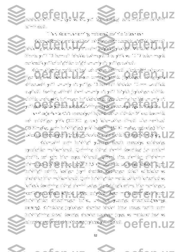 parchalanishini   stimullaydi   va   shu   yo‘l   bilan   qondagi   qand   miqdorini   oshishini
ta`min etadi.
1-ish. Kalamushlarning me`daosti bezini olib tashlash
          Kalamushlarning   me`daosti   bezi   oshqozon-jigar   tutamida   o‘n   ikki   barmoqli
ichakning charvisida va umumiy o‘t oqimi bo‘ylab joylashgan. Me`daosti bezining
bironta   yo‘li   12   barmoqli   ichakka   tushmaydi.   2   ta   yirik   va   10-17   tadan   mayda
pankreatik yo‘llari to‘g‘ridan-to‘g‘ri umumiy o‘t  yo‘liga tushadi.
      Kalamushlarning me`daosti bezi uch qismga bo‘linadi. Ulardan biri oshqozon-
jigar   bog‘i   va   oshqozon   taloq   qon   tomirlari   yonida   joylashgan.   Uning   yirik
chiqaruvchi   yo‘li   umumiy   o‘t   yo‘liga   12   barmoqli   ichakdan   10   mm   uzoqlikda
quyiladi.   Bezning   uchinchi   qismi   umumiy   o‘t   yo‘li   bo‘ylab   joylashgan   alohida-
alohida  uncha   yirik  bo‘lmagan  bo‘lakchalariga   ega,   ularning   har   biri   umumiy  o‘t
yo‘liga chiqaruv yo‘lidan tashqari o‘zining mayda chiqaruv yo‘liga ham egadir.
      Ishni bajarish tartibi:  operatsiyani bajarish uchun oldindan 24 soat davomida
och   qoldirilgan   yirik   (200-300   g.   t.v.)   kalamushlar   olinadi.   Ular   nembutal
(25-30mg/kg,   qorin   bo‘shlig‘iga)   yoki   barbamil   (60-80   mg/kg,   teriostiga)   bilan
uxlatiladi. Operatsiyani efir bilan narkozlash ta`siri ostida ham bajarish mumkin.
          Kalamushni   qorin   bo‘shlig‘i   yuqoriga   qaratib   operatsiya   stolchasiga
oyoqlaridan   mahkamlanadi.   Qorinning   oldingi   qismini   devoridagi   jun   qoplami
qirqilib,   teri   spirt   bilan   qayta   ishlanadi.   Qorinni   o‘rta   qismidan   qilichsimon
o‘simtadan   boshlab   orqaga   qarab   3-3,5   sm   uzunlikda   uzunasiga   kesiladi.   Qorin
bo‘shlig‘i   ochilib,   kesilgan   joyni   chetidan   sterillangan   dokali   salfetkalar   va
qisqichlar bilan mahkamlanadi. Qorin bo‘shlig‘idan me`da ushlanib ko‘tariladi va
ko‘krak   devorining   oldingi   qismini   ustiga   iliq   fiziologik   eritma   bilan   namlangan,
sterillangan   dokali   salfetka   ustiga   qo‘yiladi.   Agar   me`da   bilan   taloq   qorin
bo‘shlig‘idan   chiqarilmagan   bo‘lsa,   uni   ham   yuqoriga   chiqariladi .(rasmga
qarang) .   Ko‘ndalang   joylashgan   chambar   ichakni   biroz   orqaga   itarilib   qorin
bo‘shlig‘ining   dorzal   devoriga   charvlar   tutashgan   joyga   va   me`daosti   bezi   va
taloqning qon tomirlari boshlangan joylarga yo‘l ochiladi.
52 