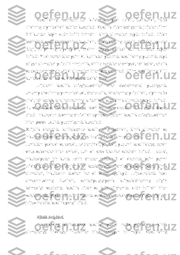 Kasallikning   respirator   turi   ko’zlaridan   yosh   oqishi,   tushkurish,   nafas
olishning qiyinlashishi kabilar kuzatiladi. Kasallik o’tkir kechganida jo’jalar o’limi
2-3   kundan   keyin   sodir   bo’lib   birinchi     klinik   alomatlari   paydo   bo’ladi.   O’tkir
kechishida   asab   sistemasining   buzulishi,   mushaklarning   qotishi,   parezlar,   oyoqlar
falaji,   bo’yinning   qiyshayishi,   boshini   orqaga   tashlash   kabi   alomatlar   paydo
bo’ladi. Yosh parrandalar ya’ni 80 kunlikdan yuqorida kasallikning yuqorida qayd
etilgan alomatlari yo’qolib nimjonlik, shilliq pardalar anemiyasi, ich ketish, ariqlik
va asab tizimining buzilish alomatlari bilan xarakterlanadi. O’lim kasallikning 7-10
kunlari sodir bo’ladi va 70%-gacha tashkil etadi.
Jo’jalarni   kasallik   qo’zg’atuvchilari   bilan   eksperimental   yuqtirganda
umumiy ahvolining yomonlashuvi, chanqoqlik, ishtahaning yo’qolishi, qiyin nafas
olish, ich ketish, tana haroratining ko’tarilishi kabi klinik alomatlar paydo bo’ladi.
Bu   vaqtda   kasallikning   inkubasion   davri   bir   necha   soatdan   12   kungacha   davom
qiladi. Inkubasion davrning cho’zilishi ayniqsa jo’jalarni kasallik qo’zg’atuvchilari
bilan   peros   usulida yuqtirilganda kuzatiladi.
Xo’jalik   sharoitida   kolibakterioz   kasalligining   kechishi,   klinik   alomatlari   va
inkubasion davri ko’pgina sabablarga bog’liq holda namoyon bo’ladi.
Jumladan:   yashash   va  asrash,   oziqlantirish,   yil   fasli,   yuqumli   kasalliklarga   qarshi
virus   vaksinalar   bilan   emlash,   turli   xil   stres-faktorlar   sababchi   bo’ladi.   Hattoki,
inkubasiyadan   bir   kunda   ochib   chiqqan   jo’jalar   2   xil   sharoitda   ya’ni   yarimi
to’shamalar ustida, qolganlari simli katakchalarda o’stirilganda kasallikning klinik
alomatlari,   inkubasion   davrlari   har   xil   vaqtni   egallaydi.   Jo’jaxonalarda   havo
almashinuvining   buzilishi,   sanitariya-gigiyenik   ko’rsatkichlarning   to’g’ri
kelmasligi   vaqtlarida   kasallik   o’tkir   va   ko’p   o’lchamda   sodir   bo’lishi   bilan
xarakterlansa, yaxshi oziqalantirilganda va saqlash, qarash yaxshi yo’lga qo’yilgan
jo’jaxonalarda kasallik yengil o’tadi.
Klinik belgilari.
Tovuqlarning   kolibakterioz   kasalligi   yuqori   nafas   yo’llarining   klinik
alomatlariga   o’xshagan   nuqsonlar   bilan   namoyon   bo’lmaydi.   Kasallikning 