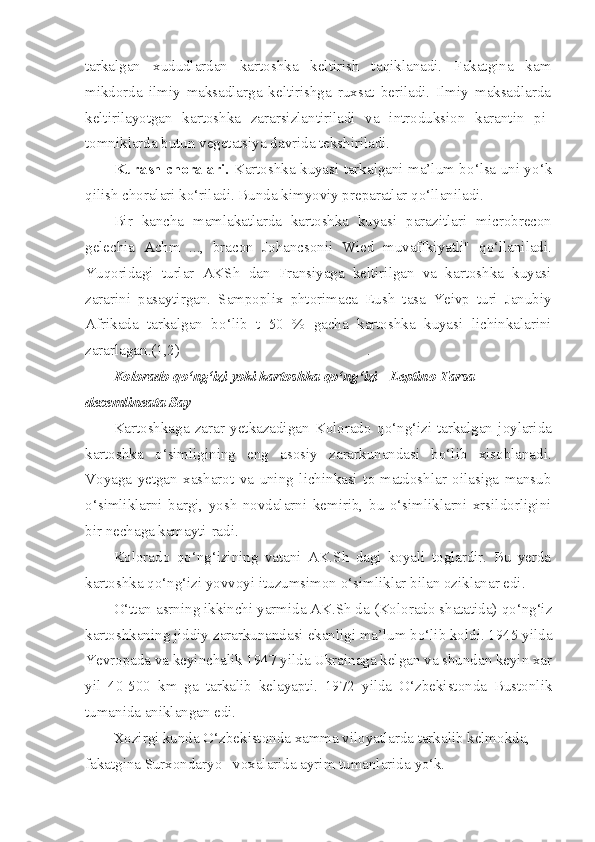 tarkalgan   xududlardan   kartoshka   keltirish   ta q iklanadi.   Fakatgina   kam
mikdorda   ilmiy   maksadlarga   keltirishga   ruxsat   beriladi.   Ilmiy   maksadlarda
keltirilayotgan   kartoshka   zararsizlantiriladi   va   introduksion   karantin   pi-
tomniklarda butun vegetatsiya davrida tekshiriladi.
Kurash choralari.   Kartoshka kuyasi tarkalgani ma’lum b o‘ lsa uni y o‘ k
q ilish choralari k o‘ riladi. Bunda kimyoviy preparatlar  qo‘ llaniladi.
Bir   kancha   mamlakatlarda   kartoshka   kuyasi   parazitlari   microbrecon
gelechia   Achm   ...,   bracon   Johancsonii   Wied   muvaffkiyatli "   qo‘ llaniladi.
Yu q oridagi   turlar   AKSh   dan   Fransiyaga   keltirilgan   va   kartoshka   kuyasi
zararini   pasaytirgan.   S ampoplix   phtorimaca   Eush   tasa   Yeivp   turi   Janubiy
Afrikada   tarkalgan   b o‘ lib   t   50   %   gacha   kartoshka   kuyasi   lichinkalarini
zararlagan.(1,2) .
Kolorado qo‘ng‘izi yoki kartoshka  qo‘ng‘izi -   Leptino   Tarsa  
decemlineata   Say
Kartoshkaga   zarar   yetkazadigan   Kolorado   qo‘ n g‘ izi-tarkalgan   joylarida
kartoshka   o‘ simligining   eng   asosiy   zararkunandasi   bo‘lib   xisoblanadi.
Voyaga   yetgan   xasharot   va   uning   lichinkasi   to-matdoshlar   oilasiga   mansub
o‘ simliklarni   bargi,   yosh   novdalarni   kemirib,   bu   o‘simliklarni   xrsildorligini
bir nechaga kamayti-radi.
Kolorado   qo‘ng‘izining   vatani   AK.Sh   dagi   koyali   toglardir.   Bu   yerda
kartoshka qo‘ng‘izi yovvoyi ituzumsimon o‘simliklar bilan oziklanar edi.
O‘ ttan asrning ikkinchi yarmida AK.Sh da (Kolorado shatatida) qo‘ng‘iz
kartoshkaning jiddiy zararkunandasi ekanligi ma’lum bo‘lib koldi. 1945 yilda
Yevropada va keyinchalik 1947 yilda Ukrainaga kelgan va shundan keyin xar
yil   40-500   km   ga   tarkalib   kelayapti.   1972   yilda   O‘zbekistonda   Bustonlik
tumanida aniklangan edi.
Xozirgi kunda O‘zbekistonda xamma viloyatlarda tarkalib kelmokda, 
fakatgina Surxondaryo   voxalarida ayrim tumanlarida   yo‘ k . 