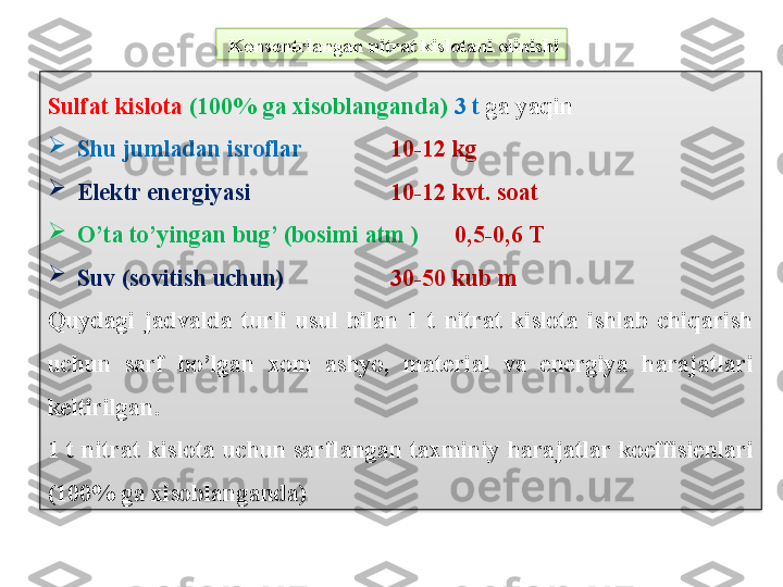   Kons е ntrlangan nitrat kislotani olinishi
Sulfat kislota   (100% ga xisoblanganda)   3 t  ga yaqin

Shu jumladan isroflar 10-12 kg

El е ktr en е rgiyasi 10-12 kvt. soat

O’ta to’yingan bug’ (bosimi atm )        0,5-0,6 T

Suv (sovitish uchun) 30-50 kub m
Quydagi  jadvalda  turli  usul  bilan  1  t  nitrat  kislota  ishlab  chiqarish 
uchun  sarf  bo’lgan  xom  ashyo,  mat е rial  va  en е rgiya  harajatlari 
k е ltirilgan.
1 t nitrat kislota uchun sarflangan  taxminiy  harajatlar koeffisi е nlari 
(100% ga xisoblanganda)   