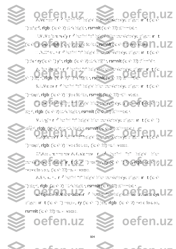 A.Vamberi   r   r 2
  harfini “r” belgisi bilan transkripsiya qilgan:   ır ?????? t   (kt sh
1) tañg r , ıͦ rlgb : ????????????????????????  (kt sh 7) tü r k bäglä r,   rsmnlt   (kt sh 22) tälinmäsä r .
P.M.Melioranskiy  r   r 2
 harfini “p” belgisi bilan transkripsiya qilgan:  ır ?????? t
(kt sh  1) тä	
ӊ̨ р i,  rlgb : ????????????????????????  (kt sh 7) т	ӱ р к бäгlä p,   rsmnlt   (kt sh 22) тäliнмäсä р .
H.N.O rqun 	
ʻ r   r 2
 harfini “r” belgisi bilan transkripsiya qilgan:  ır ?????? t   (kt sh
1) t e
n r i  
ry   (kt sh  1) y e
r,   rlgb : ????????????????????????  (kt sh 7) tü r k b e
ğl e
r,   rsmnlt   (kt sh 22) t e
l i
nm e
s e
r .
A. fon Gabain   r   r 2
  harfini “r” belgisi bilan transkripsiya qilgan:   ır ?????? t   (kt
sh  1) täŋ r i,  rlgb : ????????????????????????  (kt sh 7) Tü r k bäglä r,   rsmnlt   (kt sh 22) tälinmäsä r .
S.E.Malov   r   r 2
  harfini “p” belgisi bilan transkripsiya qilgan:   ır ?????? t   (kt sh
1) тä	
ӊ̨ р i,  rlgb : ????????????????????????  (kt sh 7) Т	ӱ р к бäгlä p,   rsmnlt   (kt sh 22) тäliнмäсä р .
T.Tekin   r   r 2
  harfini “r” belgisi  bilan transkripsiya qilgan:   ır ?????? t   (kt sh 1)
täŋ r i,  rlgb : ????????????????????????  (kt sh 7) tü r k bäglä r,   rsmnlt   (kt sh 22) tälinmäsä r .
M.Ergin   r   r 2
  harfini “r” belgisi bilan transkripsiya qilgan:   ır ?????? t   (kt sh   1)
te g	
n͡ r i,  rlgb : ????????????????????????  (kt sh 7) tü r ük bäglä r,   rsmnlt   (kt sh 22) tälinmäsä r .
G.Aydarov   r   r 2
  harfini “p” belgisi bilan transkripsiya qilgan:   ır ?????? t   (kt sh
1) тe	
ӊ р i,  rlgb : ????????????????????????  (kt sh 7) Тү р к бегле p,   ????????????????????????????????????  (kt sh 22) телiнмесе р .
G .Abdurahmonov-A.Rustamov  	
ʻ r   r 2
  harfini   “p”   belgisi   bilan
transkripsiya qilganlar:   ır ?????? t   (kt sh   1)   т ә г	
н͡ р и,   ry   (kt sh   1) йә p,   rlgb : ????????????????????????  (kt sh 7)
тү р үк бәглә p,   ????????????????????????????????????  (kt sh 22) тәлинмәсә р .
A.Shukurlu  r   r 2
 harfini “r” belgisi bilan transkripsiya qilgan:   ır ?????? t   (kt sh
1) tä	
n̨ r i,  rlgb : ????????????????????????  (kt sh 7) Tü r k bäglä r,   rsmnlt   (kt sh 22) tälinmäsä r .
E.Rejebov-Y.Memmedov   r   r 2
  harfini   “p”   belgisi   bilan   transkripsiya
qilgan:   ır ?????? t   (kt   sh   1)   т e н̨ р и,   ry   (kt   sh   1)   je p,   rlgb : ????????????????????????  (kt   sh   7)   т ү рк   бәклә p,
rsmnlt   (kt sh 22) тәлинмәсә р .
104 