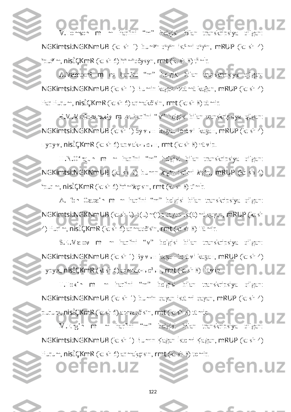V.Tomsen   m   m   harfini   “m”   belgisi   bilan   transkripsiya   qilgan:
NGKimtsi:NGKNmUB   (kt   sh   1)   bu m y
n-q a
γ a
n   ist ä
m i-q a
γ a
n,   mRUP   (kt   sh   4)
a
pur y
m ,  nisİÇKmR  (kt sh 6)   a
r a
m a
qčysyn,  rmt  (kt sh 8) t ä
m i
r.
A.Vamberi   m   m   harfini   “m”   belgisi   bilan   transkripsiya   qilgan:
NGKimtsi:NGKNmUB   (kt sh 1) Bu m in kagan Iztä m ä kağan,   mRUP   (kt sh 4)
Par-Puru m ,  nisİÇKmR  (kt sh 6) ar m akčisin,  rmt  (kt sh 8) tä m ir.
P.M.Melioranskiy   m   m   harfini   “м”   belgisi   bilan   transkripsiya   qilgan:
NGKimtsi:NGKNmUB  (kt sh 1) бу м ын_kа ан icтäҕ м i_kа ан, 	ҕ mRUP  (kt sh 4)
пурy м ,  nisİÇKmR  (kt sh 6) ар м akчысын,  rmt  (kt sh 8) тä м iр.
H.N.O rqun	
ʻ   m   m   harfini   “m”   belgisi   bilan   transkripsiya   qilgan:
NGKimtsi:NGKNmUB   (kt   sh   1)   bu m ın   k a
g a
n   ist e
m i   k a
g a
n,   mRUP   (kt   sh   4)
a
pur ı
m ,  nisİÇKmR  (kt sh 6)   a
r a
m a
k çısın,  rmt  (kt sh 8) t e
m i
r.
A.   fon   Gabain   m   m   harfini   “m”   belgisi   bilan   transkripsiya   qilgan:
NGKimtsi:NGKNmUB  (kt sh 1) B(u) m (ï)n qaγan Ist(ä) m i qaγan,  mRUP  (kt sh
4) Purï m ,  nisİÇKmR  (kt sh 6) ar m aqčïsïn,  rmt  (kt sh 8) Tä m ir.
S.E.Malov   m   m   harfini   “м”   belgisi   bilan   transkripsiya   qilgan:
NGKimtsi:NGKNmUB  (kt sh 1) Бу м ын kа ан Icтä	
ҕ м i kа ан, 	ҕ mRUP  (kt sh 4)
пурy м ,  nisİÇKmR  (kt sh 6) ар м ыкчыс 2
ын,  rmt  (kt sh 8) Тä м iр.
T.Tekin   m   m   harfini   “m”   belgisi   bilan   transkripsiya   qilgan:
NGKimtsi:NGKNmUB   (kt   sh   1)   bu m ïn  qaγan   istä m i   qaγan,   mRUP   (kt   sh   4)
puru m ,  nisİÇKmR  (kt sh 6) ar m aqčisïn,  rmt  (kt sh 8) tä m ir.
M.Ergin   m   m   harfini   “m”   belgisi   bilan   transkripsiya   qilgan:
NGKimtsi:NGKNmUB  (kt sh 1) Bu m ın 	
K	?aġan İste m i 	K	?aġan,  mRUP  (kt sh 4)
Puru m ,  nisİÇKmR  (kt sh 6) ar m a	
k?çısın,  rmt  (kt sh 8) te m ir.
122 