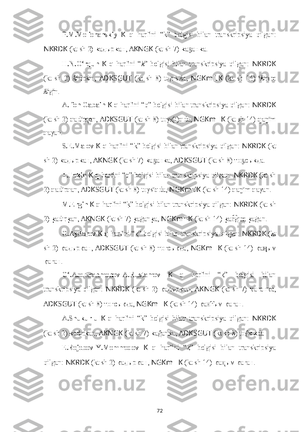 P.M.Melioranskiy   K   q   harfini   “k”   belgisi   bilan   transkripsiya   qilgan:
NKRDK  (kt sh 2)  k aдыр k ан,  AKNGK   (kt sh 7)  k a aнҕ k a.
H.N.O rqun  	
ʻ K   q   harfini   “ k ”   belgisi   bilan   transkripsiya   qilgan:   NKRDK
(kt   sh   2)   k a
d ı
r k a
n,   ADKSGUT   (kt   sh   8)   tog u
s ı
k a,   NGKm ?????? K   (kt   sh   14)   a
k a
n ı
m
k a
g a
n.
A. fon Gabain  K  q  harfini “q” belgisi bilan transkripsiya qilgan:  NKRDK
(kt sh 2)  q adïr q an,  ADKSGUT   (kt sh 8) toγs(ï) q da,  NGKm ?????? K   (kt sh 14)  q aŋïm
q aγan.
S.E.Malov   K   q   harfini “k” belgisi bilan transkripsiya qilgan:   NKRDK   (kt
sh 2)  k aдыр k ан,  AKNGK   (kt sh 7)  k a aн	
ҕ k a,  ADKSGUT   (kt sh 8) то сы	ҕ k да.
T.Tekin  K  q  harfini “q” belgisi bilan transkripsiya qilgan:  NKRDK  (kt sh
2)  q adïr q an,  ADKSGUT   (kt sh 8) toγsï q da,  NGKm ?????? K   (kt sh 14)  q aŋïm  q aγan.
M.Ergin  K  q  harfini “	
k?” belgisi bilan transkripsiya qilgan:  NKRDK  (kt sh
2)  k	
u adır k	u an,  AKNGK   (kt sh 7)  k	u aġan k	u a,  NGKm ?????? K   (kt sh 14)  k	u a gım n͡ k	u aġan.
G.Aydarov  K  q  harfini “қ” belgisi bilan transkripsiya qilgan:  NKRDK  (kt
sh 2)   қ aдыр қ ан,   ADKSGUT   (kt sh 8) тоғсы қ да,   NGKm ?????? K   (kt sh 14)   қ a ым	
ӊ̨
қ aғaн.
G .Abdurahmonov-A.Rustamov  	
ʻ K   q   harfini   “қ”   belgisi   bilan
transkripsiya  qilgan:   NKRDK   (kt  sh  2)   қ aдыр қ ан,   AKNGK   (kt  sh  7)   қ aғaн қ a,
ADKSGUT   (kt sh 8) тоғсы қ да,  NGKm ?????? K   (kt sh 14)  қ a гым 	
н͡ қ aғaн.
A.Shukurlu   K   q   harfini   “k”   belgisi   bilan   transkripsiya   qilgan:   NKRDK
(kt sh 2)  k adır k an,  AKNGK   (kt sh 7)  k ağan k a,  ADKSGUT   (kt sh 8) toğsı k da .
E.Rejebov-Y.Memmedov   K   q   harfini   “қ”   belgisi   bilan   transkripsiya
qilgan:  NKRDK  (kt sh 2)  к aдыр к ан,  NGKm ?????? K   (kt sh 14)  к a ым 	
н̨ к aғaн.
72 