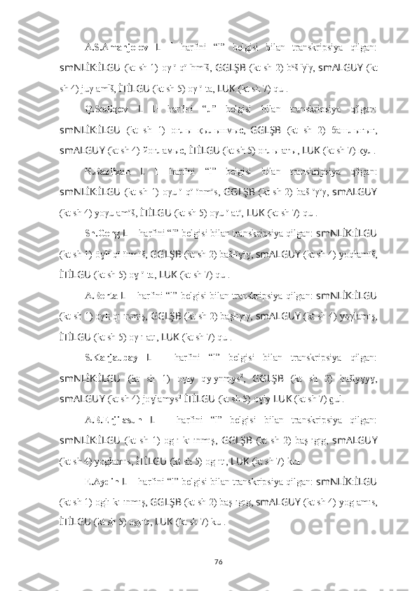 A.S.Amanjolov   L   l 1
  harfini   “l”   belgisi   bilan   transkripsiya   qilgan:
smNLİK : İLGU   (kt sh 1) oγ l ï q ï l ï
nm ï
š,   GGLŞB   (kt sh 2) b a
š l ï
γ ï
γ,   smALGUY   (kt
sh 4) juγ l am ï
š,  İTİLGU   (kt sh 5) oγ l ï ta,  LUK   (kt sh 7) qu l .
Q.Sodiqov   L   l 1
  harfini   “л”   belgisi   bilan   transkripsiya   qilgan:
smNLİK : İLGU   (kt   sh   1)   оғ л ы   қ ы л ынмыc,  
GGLŞB   (kt   sh   2)   б аш л ығығ,
smALGUY   (kt sh 4) йoғ л амыc,  İTİLGU   (kt sh 5) оғ л ы aты,  LUK   (kt sh 7) қy л .
N.Bazilxan   L   l 1
  harfini   “l”   belgisi   bilan   transkripsiya   qilgan:
smNLİK : İLGU   (kt  sh 1)  oγu l ï q ï l ïnmïs,   GGLŞB   (kt  sh 2)  baš l ïγïγ,   smALGUY
(kt sh 4) yoγu l amïš,  İTİLGU   (kt sh 5) oγu l ï atï,  LUK   (kt sh 7) qu l .
Sh.Geng  L   l 1
 harfini “l” belgisi bilan transkripsiya qilgan:  smNLİK : İLGU
(kt sh 1) öɣ l ï q ï l ïnmïš,  GGLŞB   (kt sh 2) baš l ï ï , 	ɣ ɣ smALGUY   (kt sh 4) yoq l amïš,
İTİLGU   (kt sh 5) o	
ɣ l ï ta,  LUK   (kt sh 7) qu l .
A.Berta  L   l 1
 harfini “l” belgisi bilan transkripsiya qilgan:  smNLİK : İLGU
(kt sh 1) oγ l ı q ı l ınmış,  GGLŞB   (kt sh 2) baş l ıγıγ,  smALGUY   (kt sh 4) yoγ l amış,
İTİLGU   (kt sh 5) oγ l ı atı,  LUK   (kt sh 7) qu l .
S.Karjaubay   L   l 1
  harfini   “l”   belgisi   bilan   transkripsiya   qilgan:
smNLİK : İLGU   (kt   sh   1)   o	
ɣ l y   q y l ynmys 2
,   GGLŞB   (kt   sh   2)   bašly y ,	ɣ ɣ
smALGUY   (kt sh 4) jo lamys	
ɣ 2
  İTİLGU   (kt sh 5) o ly 	ɣ LUK   (kt sh 7)  ul.	ɡ
A.B.Erjilasun   L   l 1
  harfini   “l”   belgisi   bilan   transkripsiya   qilgan:
smNLİK : İLGU   (kt   sh   1)   og l ı   kı l ınmış,   GGLŞB   (kt   sh   2)   baş l ıgıg,   smALGUY
(kt sh 4) yog l amıs,  İTİLGU   (kt sh 5) og l ıtı,  LUK   (kt sh 7) ku l .
E.Aydin  L   l 1
 harfini “l” belgisi bilan transkripsiya qilgan:  smNLİK : İLGU
(kt sh 1) oglı kı l ınmış,  GGLŞB   (kt sh 2) baş l ıgıg,  smALGUY   (kt sh 4) yog l amıs,
İTİLGU   (kt sh 5) og l ıtı,  LUK   (kt sh 7) ku l .
76 
