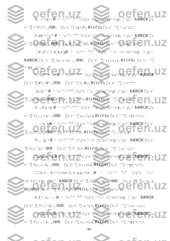 V.Tomsen   R   r 1
  harfini “r” belgisi bilan transkripsiya qilgan:   NKRDK   (kt
sh 2) q a
d y
r q a
n,  ZKRI ??????   (kt sh 4) qy r q y
z,  RTTZTU   (kt sh 14) otuz-tata r .
A.Vamberi  R   r 1
 harfini “r” belgisi bilan transkripsiya qilgan:  NKRDK   (kt
sh 2) Kadıͦ r gan,  ZKRI ??????   (kt sh 4)  K ı	ͦ r k z, 	ıͦ RTTZTU   (kt sh 14)   Otuz Tata r .
P.M.Melioranskiy R   r 1
  harfini   “p”   belgisi   bilan   transkripsiya   qilgan:
NKRDK   (kt   sh   2)   kaды p kaн,   ZKRI ??????   (kt   sh   4)   k ы р kыз,   RTTZTU   (kt   sh   14)
оту щтата	
з͜ р .
H.N.O rqun  	
ʻ R   r 1
  harfini   “r”   belgisi   bilan   transkripsiya   qilgan:   NKRDK
(kt sh 2)  k a
d ı
r k a
n,  ZKRI ??????   (kt sh 4)  k ı r k ı
z,  RTTZTU   (kt sh 14) ot u
z t a
t a
r .
Gabain   R   r 1
  harfini “r” belgisi bilan transkripsiya qilgan:   NKRDK   (kt sh
2) Qadï r qan,  ZKRI ??????   (kt sh 4) Qï r qïz,  RTTZTU   (kt sh 14)   Otuz-Tata r .
S.E.Malov  R   r 1
 harfini “p” belgisi bilan transkripsiya qilgan:  NKRDK   (kt
sh 2) Kaды p kaн,  ZKRI ??????   (kt sh 4)  k ы р kыз,  RTTZTU   (kt sh 14) отуз тата р .
T.Tekin  R   r 1
 harfini “r” belgisi bilan transkripsiya qilgan:  NKRDK   (kt sh
2) qadï r qan,  ZKRI ??????   (kt sh 4) qï r qïz,  RTTZTU   (kt sh 14) otuz tata r .
M.Ergin  R   r 1
 harfini “r” belgisi bilan transkripsiya qilgan:  NKRDK   (kt sh
2) 	
K	?adı r k	?an  ZKRI ??????   (kt sh 4) 	K	?ı r k	?ız,  RTTZTU   (kt sh 14)   Otuz Tata r .
G.Aydarov  R   r 1
 harfini “p” belgisi bilan transkripsiya qilgan:  NKRDK   (kt
sh 2) Қaды p қaн  ZKRI ??????   (kt sh 4)  қ ы р қ aз,  RTTZTU   (kt sh 14) отуз-тата р .
G .Abdurahmonov-A.Rustamov  	
ʻ R   r 1
  harfini   “p”   belgisi   bilan
transkripsiya   qilgan:   NKRDK   (kt   sh   2)   Қaды p қaн,   ZKRI ??????   (kt   sh   4)   Қ ы р қыз,
RUYRUY   (kt sh 12) йo p ыйyp,  RTTZTU  (kt sh 14)   отуз тата р .
A.Shukurlu   R   r 1
  harfini   “r”   belgisi   bilan   transkripsiya   qilgan:   NKRDK
(kt sh 2) Kadı r kan,  ZKRI ??????   (kt sh 4) kı r kız,  RTTZTU   (kt sh 14) Otuz Tata r .
E.Rejebov  R   r 1
 harfini “p” belgisi bilan transkripsiya qilgan:  NKRDK   (kt
sh 2) Kaды p кaн,  ZKRI ??????   (kt sh 4)  к ы р кыз,  RTTZTU   (kt sh 14)   отуз тата р .
80 