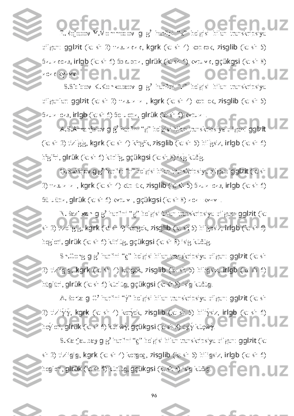 E.Rejebov-Y.Memmedov   g   g 2
  harfini   “к”   belgisi   bilan   transkripsiya
qilgan:   gglzit   (kt   sh   2)   ти з ли к и к ,   kgrk   (kt   sh   4)   кәр к әк,   zisglib   (kt   sh   5)
били к си з ,   irlgb   (kt sh 6) бә к ләри,   glrük   (kt sh 6) күрлү к ,  gçükgsi   (kt sh 8)
иcи к  күчү к .
  S.Sidiqov-K.Konkobaev   g   g 2
  harfini   “г”   belgisi   bilan   transkripsiya
qilganlar:   gglzit   (kt   sh   2)   ти з ли г и г ,   kgrk   (kt   sh   4)   кeр г eк,   zisglib   (kt   sh   5)
били г си з ,  irlgb   (kt sh 6) бe г лeри,  glrük   (kt sh 6) күрли г .
A.S.Amanjolov  g  g 2
 harfini “g” belgisi bilan transkripsiya qilgan:  gglzit
(kt sh 2) tizl i
g i
g ,   kgrk   (kt sh 4) k ä
r g ä
k,   zisglib   (kt sh 5) bil i
g siz,   irlgb   (kt sh 6)
b ä
g l ä
ri,  glrük   (kt sh 6) körl ü
g ,  gçükgsi   (kt sh 8) is i
g  küč i
g .
Q.Sodiqov  g  g 2
 harfini “г” belgisi bilan transkripsiya qilgan:  gglzit   (kt sh
2) ти з ли г и г ,  kgrk   (kt sh 4) кäр г äк,  zisglib   (kt sh 5) били г си з ,  irlgb   (kt sh 6)
бä г лäри,  glrük   (kt sh 6) күрлү г ,  gçükgsi   (kt sh 8) иcи г  күчү г .
N.Bazilxan   g   g 2
  harfini “g” belgisi bilan transkripsiya qilgan:   gglzit   (kt
sh 2) tizeli g i g ,   kgrk   (kt sh 4) ker g ek,   zisglib   (kt sh 5) bil g esiz,   irlgb   (kt sh 6)
be g leri ,  glrük   (kt sh 6) körlü g ,  gçükgsi   (kt sh 8) isi g  küčü g .
Sh.Geng   g   g 2
  harfini “ ” belgisi bilan transkripsiya qilgan:  ɡ gglzit   (kt sh
2)   tizli ɡ i ɡ ,   kgrk   (kt   sh   4)   kär ɡ äk,   zisglib   (kt   sh   5)   bili ɡ siz,   irlgb   (kt   sh   6)
bä ɡ läri,  glrük   (kt sh 6) kürlü ɡ ,  gçükgsi   (kt sh 8) isi ɡ  küčü ɡ .
A.Berta   g   G 2
  harfini “γ
́” belgisi bilan transkripsiya qilgan:   gglzit   (kt sh
2)   tizli γ	
́ i γ	́ ,   kgrk   (kt   sh   4)   ker γ	́ ek,   zisglib   (kt   sh   5)   bili γ	́ siz,   irlgb   (kt   sh   6)
be γ	
́ leri,  glrük   (kt sh 6) kürlẅ γ	́ ,  gçükgsi   (kt sh 8) ėşi γ	́  küçẅ γ	́ .
S.Karjaubay  g  g 2
 harfini “ ” belgisi bilan transkripsiya qilgan: 	
ɡ gglzit   (kt
sh 2) tizli ɡ i ɡ ,   kgrk   (kt sh 4) ker ɡ e ,  	
ɡ zisglib   (kt sh 5) bili ɡ siz,   irlgb   (kt sh 6)
be ɡ leri,  glrük   (kt sh 6) kürlü ɡ ,  gçükgsi   (kt sh 8) isi ɡ  küči ɡ .
96 