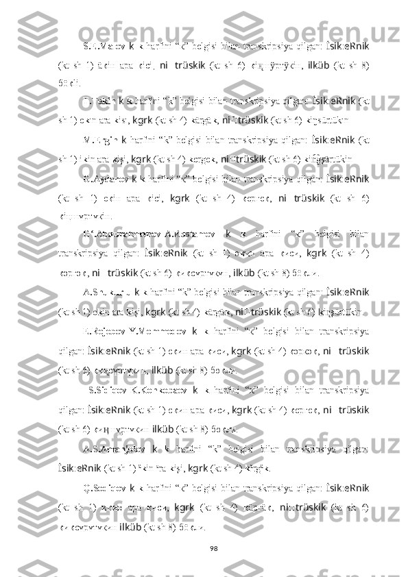 S.E.Malov   k   k   harfini  “к” belgisi  bilan transkripsiya  qilgan:   İsik : eRnik
(kt   sh   1)   ä к iн   ара   к ici ,   ni ?????? trüskik   (kt   sh   6)   к i шн̨ рт кiн,  	ӱ ӱ ilküb   (kt   sh   8)
бö к li.
T.Tekin  k  k  harfini “k” belgisi bilan transkripsiya qilgan:   İsik : eRnik   (kt
sh 1)  e k ī	
n ara  k is	ī,  kgrk   (kt sh 4)   k ärgä k ,   ni ?????? trüskik   (kt sh 6)  k i ŋ sürt ük ī	n .
M.Ergin   k   harfini   “k”   belgisi   bilan   transkripsiya   qilgan:   İsik : eRnik   (kt
sh 1)  i k in ara  k işi,  kgrk   (kt sh 4)   k erge k ,   ni ?????? trüskik   (kt sh 6)  k i g	
n͡ şürt ük in .
G.Aydarov   k   k   harfini “к” belgisi bilan transkripsiya qilgan:   İsik : eRnik
(kt   sh   1)   e к iн   ара   к ici,   kgrk   (kt   sh   4)   к eргe к ,   ni ?????? trüskik   (kt   sh   6)
к iңш үртүкiн.
G .Abdurahmonov-A.Rustamov  	
ʻ k   k   harfini   “к”   belgisi   bilan
transkripsiya   qilgan:   İsik : eRnik   (kt   sh   1)   ә к ин   ара   к иcи,   kgrk   (kt   sh   4)
к әргә к ,   ni ?????? trüskik   (kt sh 6)  к и к сүртүкүн,  ilküb   (kt sh 8)  бö к ли.
A.Shukurlu  k  k  harfini “k” belgisi bilan transkripsiya qilgan:  İsik : eRnik
(kt sh 1)  e k in ara  k işi,  kgrk   (kt sh 4)   k ärgä k ,   ni ?????? trüskik   (kt sh 6)  k i şürtükin.	
n̨
E.Rejebov-Y.Memmedov   k   k   harfini   “к”   belgisi   bilan   transkripsiya
qilgan:  İsik : eRnik   (kt sh 1)  e к ин ара  к иcи,  kgrk   (kt sh 4)   к әркә к ,   ni ?????? trüskik
(kt sh 6)  к и с	
н̨ үртүкин,  ilküb   (kt sh 8)  бө к ли.
  S.Sidiqov-K.Konkobaev   k   k   harfini   “к”   belgisi   bilan   transkripsiya
qilgan:  İsik : eRnik   (kt sh 1)  e к ин ара  к иcи,  kgrk   (kt sh 4)   к ерге к ,   ni ?????? trüskik
(kt sh 6)  к и ш
ӊ үртүкин  ilküb   (kt sh 8)  бө к ли.
A.S.Amanjolov   k   k   harfini   “k”   belgisi   bilan   transkripsiya   qilgan:
İsik : eRnik   (kt sh 1)   ä
k in  a
ra  k işi,  kgrk   (kt sh 4)   k ä
rg ä
k .
Q.Sodiqov   k   k   harfini “к” belgisi  bilan transkripsiya qilgan:   İsik : eRnik
(kt   sh   1)   и к ин   ара   к иcи,   kgrk   (kt   sh   4)   к äргä к ,   ni ?????? trüskik   (kt   sh   6)
к и к сүрүтүкин  ilküb   (kt sh 8)  бö к ли.
98 