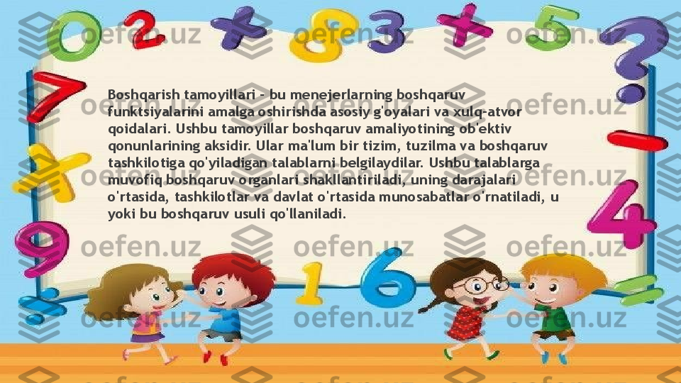 Boshqarish tamoyillari - bu menejerlarning boshqaruv 
funktsiyalarini amalga oshirishda asosiy g'oyalari va xulq-atvor 
qoidalari. Ushbu tamoyillar boshqaruv amaliyotining ob'ektiv 
qonunlarining aksidir. Ular ma'lum bir tizim, tuzilma va boshqaruv 
tashkilotiga qo'yiladigan talablarni belgilaydilar. Ushbu talablarga 
muvofiq boshqaruv organlari shakllantiriladi, uning darajalari 
o'rtasida, tashkilotlar va davlat o'rtasida munosabatlar o'rnatiladi, u 
yoki bu boshqaruv usuli qo'llaniladi.                 