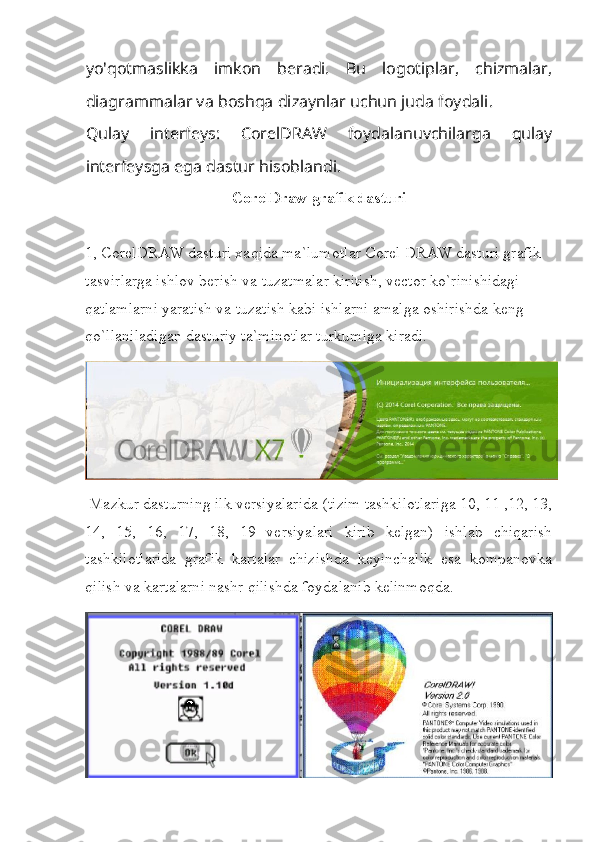 yo'qotmaslikka   imkon   beradi.   Bu   logotiplar,   chizmalar,
diagrammalar va boshqa dizaynlar uchun juda foydali.
Qulay   interfeys :   CorelDRAW   foydalanuvchilarga   qulay
interfeysga ega dastur hisoblandi.
CorelDraw   grafik dasturi
1, CorelDRAW dasturi xaqida ma`lumotlar Corel DRAW dasturi grafik 
tasvirlarga ishlov berish va tuzatmalar kiritish, vector ko`rinishidagi 
qatlamlarni yaratish va tuzatish kabi ishlarni amalga oshirishda keng 
qo`llaniladigan dasturiy ta`minotlar turkumiga kiradi.
 Mazkur dasturning ilk versiyalarida (tizim tashkilotlariga 10, 11 ,12, 13,
14,   15,   16,   17,   18,   19   versiyalari   kirib   kelgan)   ishlab   chiqarish
tashkilotlarida   grafik   kartalar   chizishda   keyinchalik   esa   kompanovka
qilish va kartalarni nashr qilishda foydalanib kelinmoqda. 