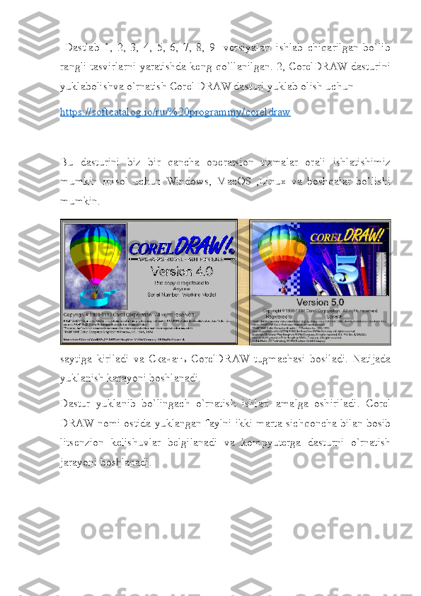   Dastlab   1,   2,   3,   4,   5,   6,   7,   8,   9-   versiyalari   ishlab   chiqarilgan   bo`lib
rangli tasvirlarni yaratishda keng qo`llanilgan. 2, CorelDRAW dasturini
yuklabolishva o`rnatish Corel DRAW dasturi yuklab olish uchun 
https://softcatalog.io/ru/%20programmy/coreldraw
Bu   dasturini   biz   bir   qancha   operatsion   tizmalar   orali   ishlatishimiz
mumkin   misol   uchun   Windows,   MacOS   ,Linux   va   boshqalar   bo’lishi
mumkin.
saytiga   kiriladi   va   Скачать   CorelDRAW  tugmachasi   bosiladi.   Natijada
yuklanish karayoni boshlanadi. 
Dastur   yuklanib   bo`lingach   o`rnatish   ishlari   amalga   oshiriladi.   Corel
DRAW nomi ostida yuklangan faylni ikki marta sichqoncha bilan bosib
litsenzion   kelishuvlar   belgilanadi   va   kompyuterga   dasturni   o`rnatish
jarayoni boshlanadi.  