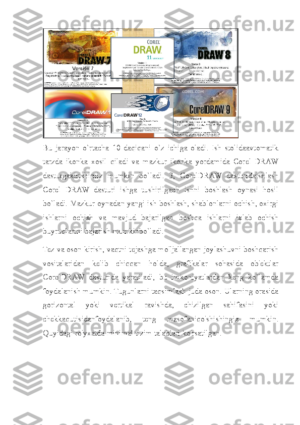 Bu   jarayon   o`rtacha   10   daqiqani   o`z   ichiga   oladi.   Ish   stolidaavtomatik
tarzda   ikonka   xosil   qiladi   va   mazkur   ikonka   yordamida   Corel   DRAW
dasturgakirishimiz   mumkin   bo`ladi.   3,   CorelDRAW   dasturidaishlash
Corel   DRAW   dasturi   ishga   tushirilgach   ishni   boshlash   oynasi   hosil
bo`ladi. Mazkur oynadan yangi ish boshlash, shablonlarni ochish, oxirgi
ishlarni   ochish   va   mavjud   bajarilgan   boshqa   ishlarni   izlab   ochish
buyruqlarini bajarish mumkinbo`ladi. 
Tez va oson kirish, vaqtni tejashga mo'ljallangan joylashuvni boshqarish
vositalaridan   kelib   chiqqan   holda,   grafikalar   sohasida   ob'ektlar
CorelDRAW   dasturida   yaratiladi,   bu   imkoniyatlardan   keng   ko`lamda
foydalanish mumkin. Tugunlarni taqsimlash juda oson. Ularning orasida
gorizontal   yoki   vertikal   ravishda,   chizilgan   sahifasini   yoki
chekkaqutisidanfoydalanib,   teng   masofaniqo'shishingiz   mumkin.
Quyidagi ro'yxatda minimal tizim talablari ko'rsatilgan. 