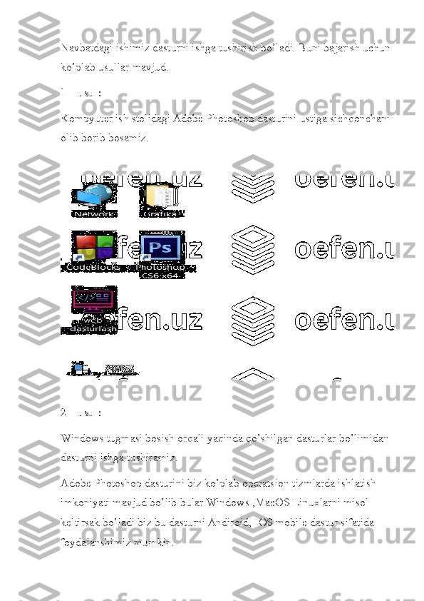 Navbatdagi ishimiz dasturni ishga tushirish bo’ladi. Buni bajarish uchun 
ko’plab usullar mavjud.
1 – usul:
Kompyuter ish stolidagi Adobe Photoshop dasturini ustiga sichqonchani 
olib borib bosamiz.
2 – usul:
Windows tugmasi bosish orqali yaqinda qo’shilgan dasturlar bo’limidan 
dasturni ishga tushiramiz.
Adobe Photoshop dasturini biz ko’plab operatsion tizmlarda ishlatish 
imkoniyati mavjud bo’lib bular Windows ,MacOS Linuxlarni misol 
keltirsak bo’ladi biz bu dasturni Andiroid, IOS mobile dastur sifatida 
foydalanshimiz mumkin.  