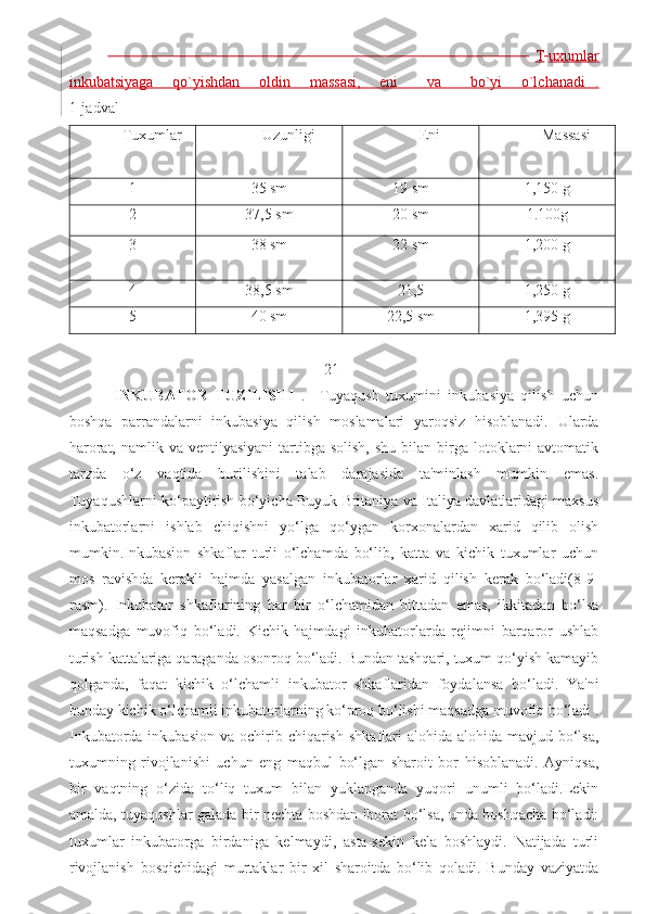                                                                                                      T   uxumlar
inkubatsiyaga     qo`yishdan     oldin     massasi,     eni       va       bo`yi     o`lchanadi   .
1-jadval   
Tuxumlar Uzunligi Eni Massasi
1 35 sm 19 sm 1,150 g
2 37,5 sm 20 sm 1.100g
3 38 sm 22 sm 1,200 g
4 38,5 sm 21,5 1,250 g
5 40 sm 22,5 sm 1,395 g
                        
                                                         21
  INKUBATOR   TUZILISHI   .     Tuyaqush   tuxumini   inkubasiya   qilish   uchun
boshqa   parrandalarni   inkubasiya   qilish   moslamalari   yaroqsiz   hisoblanadi.   Ularda
harorat,  namlik va  ventilyasiyani   tartibga  solish,  shu  bilan  birga  lotoklarni   avtomatik
tarzda   o‘z   vaqtida   burilishini   talab   darajasida   ta'minlash   mumkin   emas.
Tuyaqushlarni ko‘paytirish bo‘yicha Buyuk Britaniya va Italiya davlatlaridagi maxsus
inkubatorlarni   ishlab   chiqishni   yo‘lga   qo‘ygan   korxonalardan   xarid   qilib   olish
mumkin.Inkubasion   shkaflar   turli   o‘lchamda   bo‘lib,   katta   va   kichik   tuxumlar   uchun
mos   ravishda   kerakli   hajmda   yasalgan   inkubatorlar   xarid   qilish   kerak   bo‘ladi(8-9-
rasm).   Inkubator   shkaflarining   har   bir   o‘lchamidan   bittadan   emas,   ikkitadan   bo‘lsa
maqsadga   muvofiq   bo‘ladi.   Kichik   hajmdagi   inkubatorlarda   rejimni   barqaror   ushlab
turish kattalariga qaraganda osonroq bo‘ladi. Bundan tashqari, tuxum qo‘yish kamayib
qolganda,   faqat   kichik   o‘lchamli   inkubator   shkaflaridan   foydalansa   bo‘ladi.   Ya'ni
bunday kichik o‘lchamli inkubatorlarning ko‘proq bo‘lishi maqsadga muvofiq bo‘ladi .
Inkubatorda  inkubasion   va  ochirib  chiqarish   shkaflari   alohida-alohida  mavjud  bo‘lsa,
tuxumning   rivojlanishi   uchun   eng   maqbul   bo‘lgan   sharoit   bor   hisoblanadi.   Ayniqsa,
bir   vaqtning   o‘zida   to‘liq   tuxum   bilan   yuklanganda   yuqori   unumli   bo‘ladi.Lekin
amalda, tuyaqushlar galada bir nechta boshdan iborat bo‘lsa, unda boshqacha bo‘ladi:
tuxumlar   inkubatorga   birdaniga   kelmaydi,   asta-sekin   kela   boshlaydi.   Natijada   turli
rivojlanish   bosqichidagi   murtaklar   bir   xil   sharoitda   bo‘lib   qoladi.   Bunday   vaziyatda 