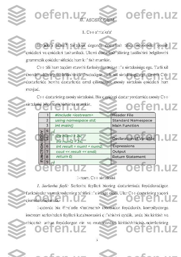 5 	
 	
II. 	 ASOSIY QISM	 	
 	
1. 	C++ sintaksisi	 	
 	
Sintaksis	 nima	? Sintaksis	 deganda	 dasturlash	 tilida	 bayonotlar	 yozish	 	
qoidalari	 va	 qoidala	ri tushuniladi.	 Ularni	 dasturlash	 tilining	 tuzilishini	 belgilovchi	 	
grammatik	 qoidalar	 sifatida	 ha	m	 ko‘	rish	 mumkin	.  	
C++	 tili	 ham	 taqdim	 etuvchi	 funksiyalar	 uchun	 o‘	z sintaksisiga	 ega.	 Turli	 xil	 	
iboralar	 ularning	 ishlatilishini	 ko‘	rsatadigan	 turli	 xil	 sinta	ksisga	 ega,	 ammo	 C++	 	
dasturlarida	 barcha	 dasturlarda	 amal	 qilinadigan	 asosiy	 sintaksis	 qoidalari	 ham	 	
mavjud	. 
C++	 das	turining	 asosiy	 sintaksis	i. Biz	 quyidagi	 dastur	 yordamida	 asosiy	 C++	 	
sintaksisi	 bilan	 tanishishimiz	 mumkin	. 	
 	
1-rasm. C++ sintaksisi	 	
1.  Sarl	avha  fayli:	 Sarlavha  fayllari  bizning  dasturimizda  foydalanadigan 	
funktsiyalar va makroslarning ta'rifini 	o‘	z ichig	a oladi. Ular C++ dasturining yuqori 	
qismida aniqlanadi.	 	
1-qatorda  biz 	#include  <iostream>	 iborasidan  foydalanib, 	kompilyatorga 	
iostream  sarl	avhalari  fayllari  kutubxonasini  q	o‘	shishni  aytdik,  unda  biz  kiritish  va 	
chiqarish  uchun  foydalangan  cin  va  cout  st	andart  kiritish/chiqish  oqimlarining  