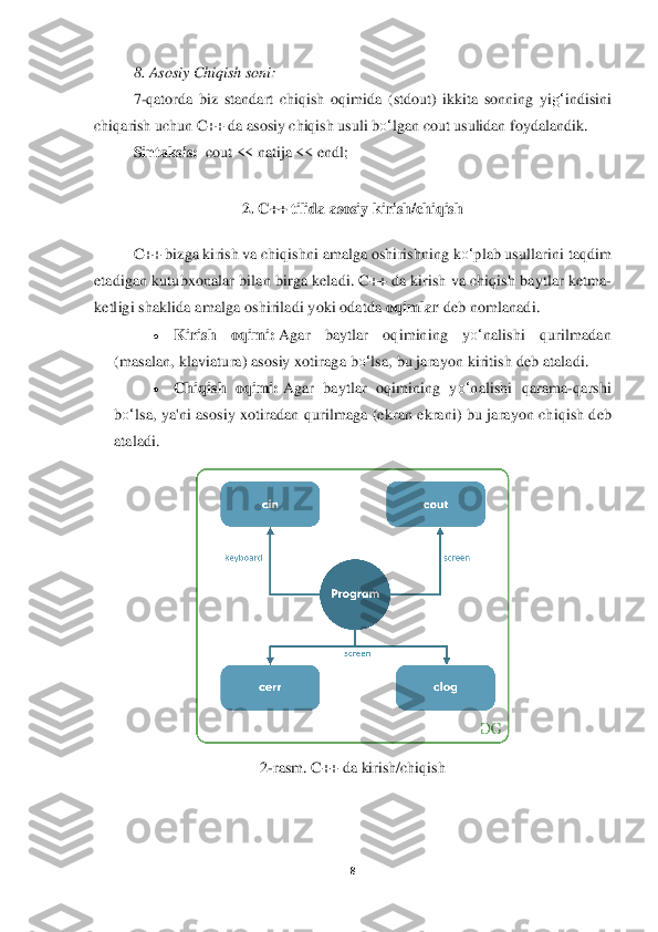 8 	
 	
8. Asosiy Chiqish soni	: 	
7-qatorda  biz  standart  chiqish  oqimida  (stdout)  ikkita  sonning  yi	g‘	ind	isini 	
chiqarish uchun C++ da asosiy chiqish usuli b	o‘	lg	an cout usulidan foydalandik	. 	
Sintaksis:	  cout << natija << endl;	 	
 	
2. 	C++ tilida 	asosiy kirish/chiq	ish	 	
 	
C++	 bizga	 kirish	 va	 chiqishni	 amalga	 oshirishning	 ko‘	plab	 usullarini	 taqdim	 	
etadigan	 kutubxonalar	 bilan	 birga	 keladi.	 C++	 da	 kirish	 va	 chiqish	 baytlar	 ketma	-	
ketligi	 shaklida	 amalga	 oshiri	ladi	 yoki	 odatda	 oqimlar	 deb	 nomlanadi	. 	
• 	Kirish	 	oqimi:	 Agar	 	baytlar	 	oqimining	 	yo‘	nalishi	 	qurilmadan	 	
(masalan,	 klaviatura)	 asosiy	 xotiraga	 bo‘	lsa,	 bu	 jarayon	 kiritish	 deb	 ataladi.	 	
• 	Chiqish	 oqimi:	 Agar	 baytlar	 oqimining	 yo‘	na	lishi	 qarama	-qarshi	 	
bo‘	lsa,	 ya'ni	 asosiy	 xotiradan	 qurilmaga	 (ekran	 ekrani)	 bu	 jarayon	 chiqish	 deb	 	
ataladi.	 	
 	
2-rasm. C++ da kirish/chiqish	 	
 
 
  