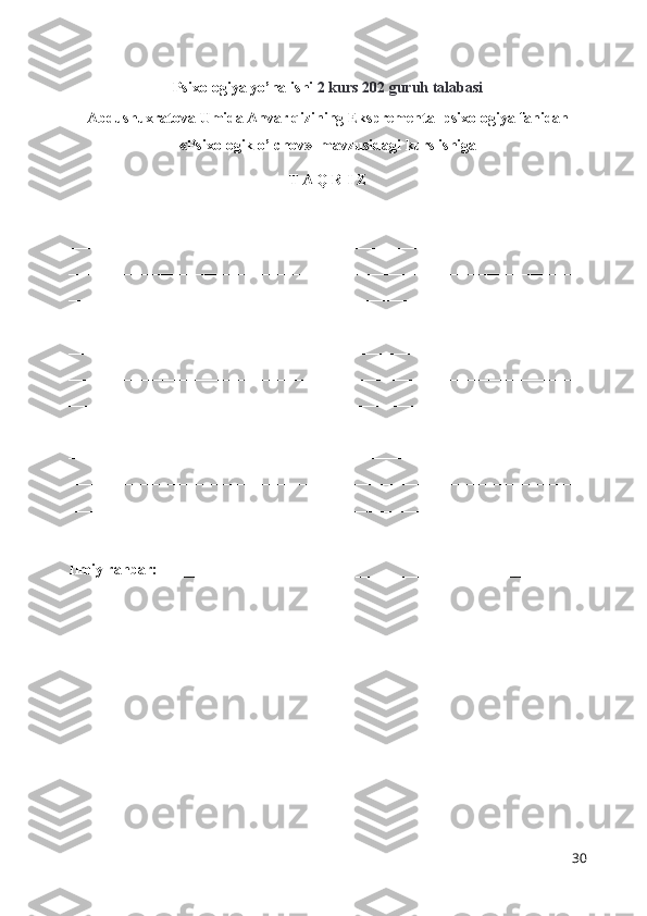 Psixologiya yo’nalishi   2 kurs 202 guruh talabasi
Abdushuxratova  Umida Anvar qizi ning  Ekspremental psixologiya fanidan
«Psixologik o’lchov»   mavzusidagi kurs ishiga
T A Q R I Z
____________________________________________________________________
____________________________________________________________________
____________________________________________________________________
____________________________________________________________________
____________________________________________________________________
____________________________________________________________________
____________________________________________________________________
____________________________________________________________________
____________________________________________________________________
____________________________________________________________________
____________________________________________________________________
____________________________________________________________________
__________________________________________
Ilmiy rahbar:   ________________________ _______________________
30 