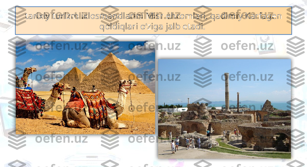 tarixiy turizm ixlosmandlarini Misr ehromlari, qadimiy Karfagen 
qoldiqlari o‘ziga jalb etadi.    