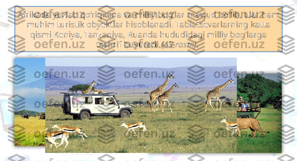 Afrikada yuzlab qo‘riqxona va milliy bog‘lar mavjud bo‘lib, ular ham 
muhim turistik obyektlar hisoblanadi. Tabiatsevarlarning katta 
qismi Keniya, Tanzaniya, Ruanda hududidagi milliy bog‘larga 
tashrif buyuradi  (43-rasm) .    