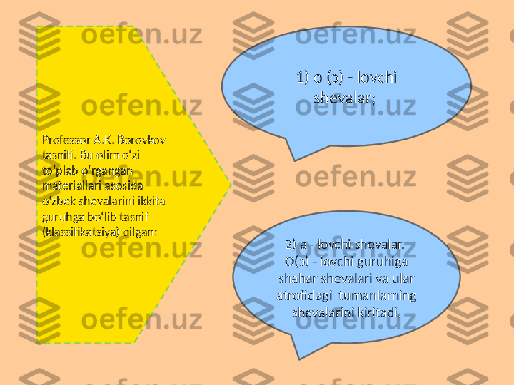 Professor A.K. Borovkov 
tasnifi. Bu olim o‘zi 
to‘plab o‘rgangan  
matеriallari asosida 
o‘zbek shеvalarini ikkita 
guruhga bo‘lib tasnif  
(klassifikatsiya) qilgan: 1) o (ɔ) - lovchi 
shеvalar; 
2) a - lovchi shеvalar. 
O(ɔ) - lovchi guruhiga 
shahar shеvalari va ular 
atrofidagi  tumanlarning 
shеvalarini kiritadi. 