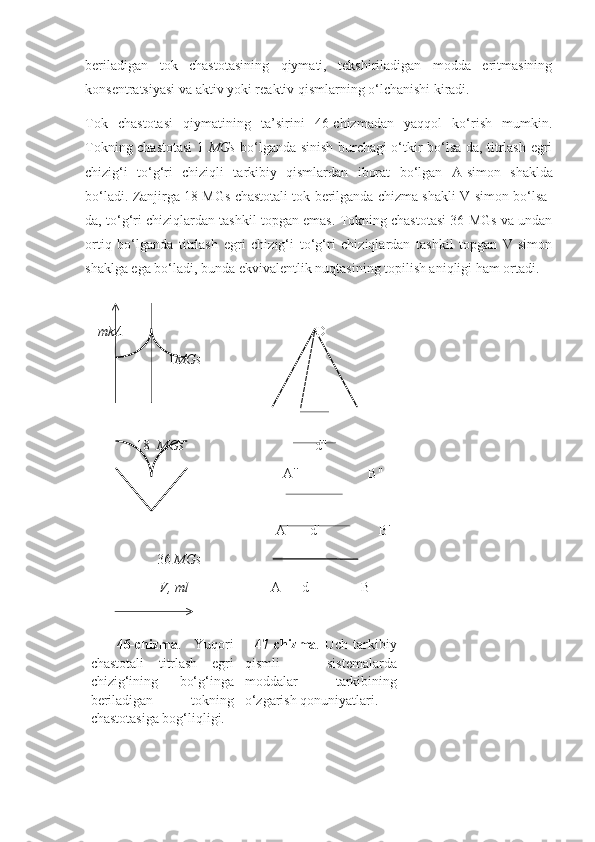 beriladigan   tok   chastotasining   qiymati,   tekshiriladigan   modda   eritmasining
konsentratsiyasi va aktiv yoki reaktiv qismlarning o‘lchanishi kiradi.
Tok   chastotasi   qiymatining   ta’sirini   46-chizmadan   yaqqol   ko‘rish   mumkin.
Tokning chastotasi 1   MGs   bo‘lganda sinish burchagi o‘tkir bo‘lsa-da, titrlash egri
chizig‘i   to‘g‘ri   chiziqli   tarkibiy   qismlardan   iborat   bo‘lgan    -simon   shaklda
bo‘ladi. Zanjirga 18 MGs chastotali tok berilganda chizma shakli V-simon bo‘lsa-
da, to‘g‘ri chiziqlardan tashkil topgan emas. Tokning chastotasi 36 MGs va undan
ortiq   bo‘lganda   titrlash   egri   chizig‘i   to‘g‘ri   chiziqlardan   tashkil   topgan   V-simon
shaklga ega bo‘ladi, bunda ekvivalentlik nuqtasining topilish aniqligi ham ortadi.
  mkA
                      1 MGs
             18   MGs
          36  MGs
       V, ml D
d ''
           A ''                     B ''
         A '       d '                  B '
A      d               B
    46-chizma .   Yuqori
chastotali   titrlash   egri
chizig‘ining   bo‘g‘inga
beriladigan   tokning
chastotasiga bog‘liqligi.     47-chizma .   Uch   tarkibiy
qismli   sistemalarda
moddalar   tarkibining
o‘zgarish qonuniyatlari. 