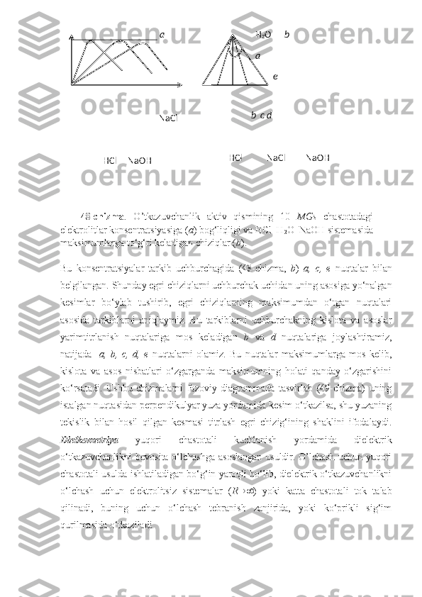 Bu   konsentratsiyalar   tarkib   uchburchagida   (48-chizma,   b )   a,   c,   e   nuqtalar   bilan
belgilangan. Shunday egri chiziqlarni uchburchak uchidan uning asosiga yo‘nalgan
kesimlar   bo‘ylab   tushirib,   egri   chiziqlarning   maksimumdan   o‘tgan   nuqtalari
asosida   tarkiblarni   aniqlaymiz.   Bu   tarkiblarni   uchburchakning   kislota   va   asoslar
yarimtitrlanish   nuqtalariga   mos   keladigan   b   va   d   nuqtalariga   joylashtiramiz,
natijada     a,   b,   c,   d,   e   nuqtalarni   olamiz.   Bu   nuqtalar   maksimumlarga   mos   kelib,
kislota   va   asos   nisbatlari   o‘zgarganda   maksimumning   holati   qanday   o‘zgarishini
ko‘rsatadi.   Ushbu   chizmalarni   fazoviy   diagrammada   tasvirlab   (49-chizma)   uning
istalgan nuqtasidan perpendikulyar yuza yordamida kesim o‘tkazilsa, shu yuzaning
tekislik   bilan   hosil   qilgan   kesmasi   titrlash   egri   chizig‘ining   shaklini   ifodalaydi.
Dielkometriya   yuqori   chastotali   kuchlanish   yordamida   dielektrik
o‘tkazuvchanlikni  bevosita o‘lchashga asoslangan  usuldir. O’lchash  uchun yuqori
chastotali usulda ishlatiladigan bo‘g‘in yaroqli bo‘lib, dielektrik o‘tkazuvchanlikni
o‘lchash   uchun   elektrolitsiz   sistemalar   ( R  )   yoki   katta   chastotali   tok   talab
qilinadi,   buning   uchun   o‘lchash   tebranish   zanjirida,   yoki   ko‘prikli   sig‘im
qurilmasida o‘tkaziladi.                                             a
                                            NaCl
                   HCl     NaOH
              H
2 O       b
             a
                     e
           
           b  c d  
HCl           NaCl         NaOH 
      48-chizma .   O’tkazuvchanlik   aktiv   qismining   10   MGs   chastotadagi
elektrolitlar konsentratsiyasiga ( a ) bog‘liqligi va HCl – H
2 O – NaOH sistemasida
maksimumlarga to‘g‘ri keladigan chiziqlar ( b ). 