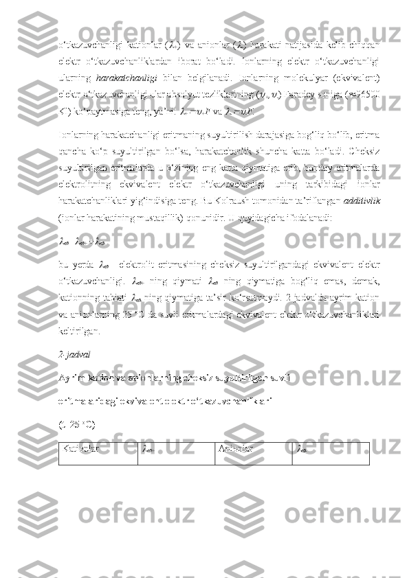 o‘tkazuvchanligi   kationlar   (
+ )   va   anionlar   (	
- )   harakati   natijasida   kelib   chiqqan
elektr   o‘tkazuvchanliklardan   iborat   bo‘ladi.   Ionlarning   elektr   o‘tkazuvchanligi
ularning   harakatchanligi   bilan   belgilanadi.   Ionlarning   molekulyar   (ekvivalent)
elektr o‘tkazuvchanligi ular absolyut tezliklarining (	

+ ,	
- ) Faradey soniga (  96500
Kl) ko‘paytmasiga teng, ya’ni: 	

+	 + F  va 	
-	 - F.
Ionlarning harakatchanligi eritmaning suyultirilish darajasiga bog‘liq bo‘lib, eritma
qancha   ko‘p   suyultirilgan   bo‘lsa,   harakatchanlik   shuncha   katta   bo‘ladi.   Cheksiz
suyultirilgan   eritmalarda   u   o‘zining   eng   katta   qiymatiga   erib,   bunday   eritmalarda
elektrolitning   ekvivalent   elektr   o‘tkazuvchanligi   uning   tarkibidagi   ionlar
harakatchanliklari yig‘indisiga teng. Bu Kolraush tomonidan ta’riflangan  additivlik
(ionlar harakatining mustaqillik) qonunidir. U quyidagicha ifodalanadi: 	

=	
+ +	
-
bu   yerda  

  -   elektrolit   eritmasining   cheksiz   suyultirilgandagi   ekvivalent   elektr
o‘tkazuvchanligi.  	

+   ning   qiymati  	
-   ning   qiymatiga   bog‘liq   emas,   demak,
kationning tabiati  	

-   ning qiymatiga ta’sir  ko‘rsatmaydi. 2-jadvalda ayrim  kation
va anionlarning 25   o
C da suvli eritmalardagi ekvivalent elektr o‘tkazuvchanliklari
keltirilgan. 
2-jadval
Ayrim kation va anionlarning cheksiz suyultirilgan suvli 
eritmalaridagi ekvivalent elektr o‘tkazuvchanliklari 
(t=25  o
C)
Kationlar

+ Anionlar	
- 