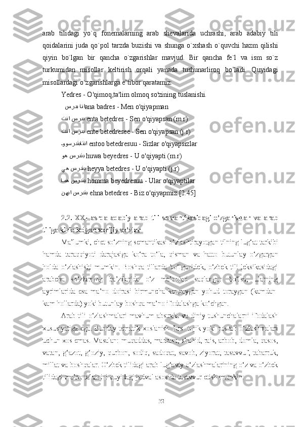 arab   tilidagi   yo`q   fonemalarning   arab   shevalarida   uchrashi,   arab   adabiy   tili
qoidalarini   juda   qo`pol   tarzda   buzishi   va   shunga   o`xshash   o`quvchi   hazm   qilishi
qiyin   bo`lgan   bir   qancha   o`zgarishlar   mavjud.   Bir   qancha   fe`l   va   ism   so`z
turkumidan   misollar   keltirish   orqali   yanada   tushunarliroq   bo’ladi.   Quyidagi
misollardagi o`zgarishlarga e’tibor qaratamiz:
Yedres - O'qimoq,ta'lim olmoq so'zining tuslanishi.
   سردب انا ana badres - Men o'qiyapman
سردب تنا   enta betedres - Sen o'qiyapsan (m.r)
سردب تنا   ente betedresee - Sen o'qiyapsan (j.r)
iووسردتباتنا   entoo betedresuu - Sizlar o'qiyapsizlar
سردتب وه   huwa beyedres - U o'qiyapti (m.r)
سردتب يه   heyya betedres - U o'qiyapti (j.r)
سردتب امه   homma beyedresuu - Ular o'qiyaptilar
سردتب نهيا   ehna betedres - Biz o'qiyapmiz.[2.45]
2.2.   XXI   asrda   adabiy   arab   tili   semantikasidagi   o‘zgarishlar   va   arab
tiliga kirib kelgan xorijiy so‘zlar 
Ma’lumki, chet so‘zning semantikasi o‘zlashtirayotgan tilning lug‘at tarkibi
hamda   taraqqiyoti   darajasiga   ko‘ra   to‘la,   qisman   va   hatto   butunlay   o‘zgargan
holda   o‘zlashishi   mumkin.   Boshqa   tillarda   bo‘lganidek,   o‘zbek   tili   leksikasidagi
arabcha   so‘zlarning   ba’zilarida   o‘z   ma’nolari   saqlangan   bo‘lsa,   ularning
ayrimlarida   esa   ma’no   doirasi   birmuncha   kengaygan   yohud   toraygan   (kamdan-
kam hollarda) yoki butunlay boshqa ma’no ifodalashga ko‘chgan.
Arab   tili  o‘zlashmalari  mavhum  abstrakt   va  diniy  tushunchalarni   ifodalash
xususiyatiga ega. Bunday tematik xoslanish fors -tojik yoki  rus tili o‘zlashmalari
uchun xos emas. Masalan: muqaddas, madrasa, shahid, rais, arbob, domla, qasos,
vatan,   g‘azot,   g‘oziy,   qurbon,   sodiq,   sadoqat,   savob,   ziyorat,   tasavvuf,   tabarruk,
millat va boshqalar. O‘zbek tilidagi arab lug‘aviy o‘zlashmalarining o‘z va o‘zbek
tilidagi ma’no talqinini quyidagi jadval asosida tasavvur etish mumkin:
32 