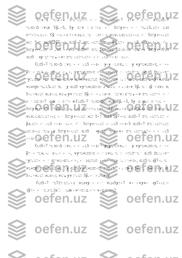 Тармоқ  таълим  стандартининг  энг  асосий  компоненти 	«Касбий 	
тавсифнома» 	бўлиб,  бу  компонентда  иш  берувчининг  талаблари  акс 	
эттирилади.  Кўпчилик  ривожланган  Европа  мамлакатларида 	иш  берувчилар 	
ҳар  бир  касб  бўйича  касбий  стандартларни  ўзлари  ишлаб  чиқишади.  Иш 
берувчилар  ишлаб  чиқиб  касбий  стандартлар  асосида  таълим  берувчилар 
касб 	– ҳунар таълими стандартларини ишлаб чиқишади. 	 	
Касбий  тавсифномани  ишлаб  чиқиш  учун  аввало  шу  мутахас	сис,  ишчи 	
ўрни  таҳлил  қилиниши,  мутахассиснинг  амалга  ошираѐтган  касб  фаолият 
турларининг  кетма	-кетлиги,  иш  жараѐнининг  технологияси,  касбга  қўйилган 	
махсус  талаблар  ва  шу  касб  мутахассиси  эгаллаши  лозим  бўлган  кўникма  ва 
билимлар ҳақида маълумотлар бўлиши	 лозим. Тармоқ таълим стандартининг 	
энг  асосий  компоненти 	«Касбий  тавсифнома» 	бўлиб,  бу  компонентда  иш 	
берувчининг  талаблари  акс  эттирилади.  Кўпчилик  ривожланган  Европа 
мамлакатларида  иш  берувчилар  ҳар  бир  касб  бўйича  касбий  стандартларни 
ўзлари  ишлаб  чиқи	шади.  Иш  берувчилар  ишлаб  чиқиб  касбий  стандартлар 	
асосида  таълим  берувчилар  касб 	– ҳунар  таълими  стандартларини  ишлаб 	
чиқишади. 	 	
Касбий  тавсифномани  ишлаб  чиқиш  учун  аввало  шу  мутахассис,  ишчи 	
ўрни  таҳлил  қилиниши,  мутахассиснинг  амалга  ошираѐтган  касб  фа	олият 	
турларининг  кетма	-кетлиги,  иш  жараѐнининг  технологияси,  касбга  қўйилган 	
махсус  талаблар  ва  шу  касб  мутахассиси  эгаллаши  лозим  бўлган  кўникма  ва 
билимлар ҳақида маълумотлар бўлиши лозим.	 	
 Касбий  тайѐргарлик  мазмунининг  мажбурий  минимуми  қуйидаги 	
кўринишга эга («Ошпаз» ихтисослиги мисолида):	 	
 
 
 
 
 
  