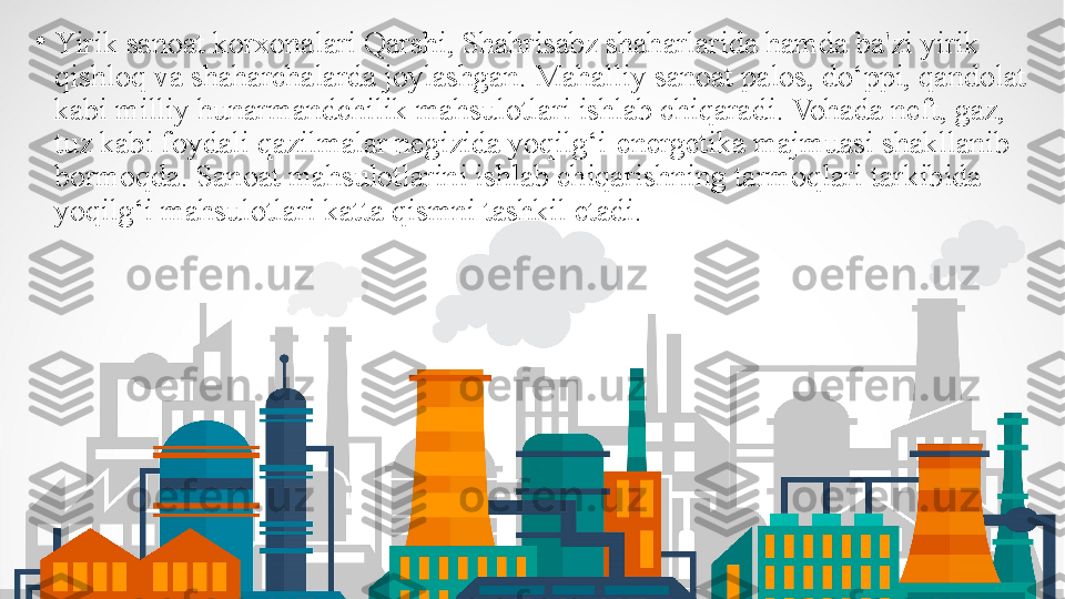 •
Yirik sanoat korxonalari Qarshi, Shahrisabz shaharlarida hamda ba'zi yirik 
qishloq va shaharchalarda joylashgan. Mahalliy sanoat palos, do‘ppi, qandolat 
kabi milliy hunarmandchilik mahsulotlari ishlab chiqaradi. Vohada neft, gaz, 
tuz kabi foydali qazilmalar negizida yoqilg‘i-energetika majmuasi shakllanib 
bormoqda. Sanoat mahsulotlarini ishlab chiqarishning tarmoqlari tarkibida 
yoqilg‘i mahsulotlari katta qismni tashkil etadi. 