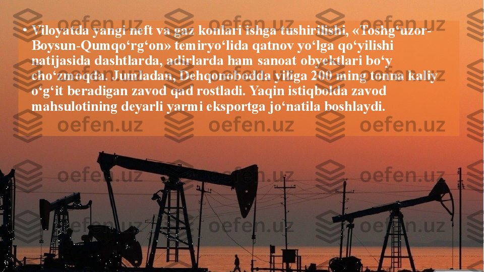 •
Viloyatda yangi neft va gaz konlari ishga tushirilishi, «Toshg‘uzor-
Boysun-Qumqo‘rg‘on» temiryo‘lida qatnov yo‘lga qo‘yilishi 
natijasida dashtlarda, adirlarda ham sanoat obyektlari bo‘y 
cho‘zmoqda. Jumladan, Dehqonobodda yiliga 200 ming tonna kaliy 
o‘g‘it beradigan zavod qad rostladi. Yaqin istiqbolda zavod 
mahsulotining deyarli yarmi eksportga jo‘natila boshlaydi.  