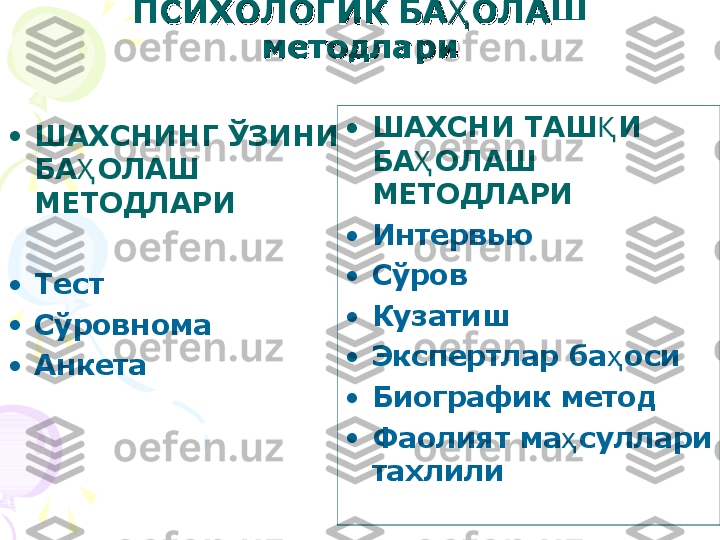 ПСИХОЛОГИК БА ОЛАШҲПСИХОЛОГИК БА ОЛАШҲ
методлариметодлари
•
ШАХСНИНГ ЎЗИНИ 
БА ОЛАШ 	
Ҳ
МЕТОДЛАРИ
•
Тест
•
Сўровнома
•
Анкета •
ШАХСНИ ТАШ И 	
Қ
БА ОЛАШ 	
Ҳ
МЕТОДЛАРИ
•
Интервью
•
Сўров
•
Кузатиш
•
Экспертлар ба оси	
ҳ
•
Биографик метод
•
Фаолият ма суллари 	
ҳ
тахлили    