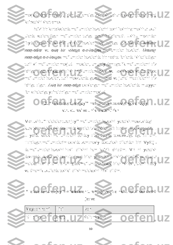 mavjudlik)   ta’minlaydi,   lekin   uni   amalga   oshirish   uchun   asosiy   infratuzilmani
ko’rsatishi shart emas. 
Ba’zi bir kontekstlarda ma’lumotlar bazalarini tasniflashning mashhur usuli
ularda   saqlanadigan   ma’lumotlar   turiga   qarab   belgilanadi.   Ushbu   mezondan
foydalangan   holda   ma’lumotlar   bazalari   ikki   toifaga   guruhlanadi:   umumiy
maqsadlar   va   aniq   bir   sohaga   asoslangan   ma’lumotlar   bazalari.   Umumiy
maqsadga asoslangan   ma’lumotlar bazalarida bir nechta fanlarda ishlatiladigan
turli xil ma’lumotlar mavjud - masalan, umumiy demografik ma’lumotlarni o’z
ichiga   olgan   ro’yxatga   olish   ma’lumotlar   bazasi   va   LexisNexis   va   ProQuest
ma’lumotlar bazalari, turli mavzularda gazeta, jurnal va jurnal maqolalarini o’z
ichiga   olgan.   Aniq   bir   maqsadga   asoslangan   ma’lumotlar   bazalarida   muayyan
fan sohalariga yo’naltirilgan ma’lumotlar mavjud. 
1.2.  “Talabalar turar joyi”   ma’lumotlar bazasining mantiqiy
strukturasi va uni shakllantirish
Men   ushbu   “Talabalar turar joyi”  ma ’ lumotlar    bazasini    yaratish   mavzusidagi
kurs   ishimni bajarish davomida ko`plab izlanishlar olib bordim. Shu maqsadda    .
U   yerda   kerakli   ma ’ lumotlarni   qanday   olish   haqida   tassavvurga   ega   bo`ldim.
To`plagan   ma ’ lumotlarim   asosida   zamonaviy   dasturlash   tillaridan   biri   MySQL
da   ma ’ lumotlar   bazasini   hosil   qilishni   ham   ko’rib   chiqdim.   MB   ni   yaratish
davomida   dasturlash   texnologiyasi   bilan   yaqindan   tanishib   chiqdim   va   chuqur
malaka hosil qildim. Shuningdek   ma ’ lumotlar   bazasi   bilan ishlash,  ularni  oddiy
va dinamik usullarda tashkil qilish malakasini hosil qildim.
“Talabalar turar joyi” –  Talabalar turar joyi haqida ma’lumotni saqlovchi
jadval
Maydon nomi Tipi Izoh
id T_t_joyi int(4) Kalit maydon
10 