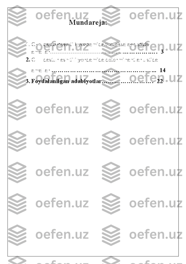                                      Mundareja:
1. C++ dasturlash tili yordamida matritsalar ustida 
amallar………………………………… ………….….  3
2. C++ dasturlash tili yordamida determinantlar ustida          
amallar  …………………………………………...  14
3. Foydalanilgan adabiyotlar…………………….  22 