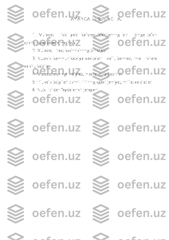 TAYANCA TUSHUNCHA.
1.   Muloqot   -   ikki   yoki   ko`proq   kishilarning   bir   -   biriga   ta’sir
etishning axborot almashishi. 
2. Muloqot - haet kechirishning bir shakli. 
3.   Nutqsiz   kommunikatsiya   vositalari   -   qo`l,   barmoq,   imo   -   ishora
va shu kabilar. 
4. Muloqot treningi - o`ylab, mashq qilib gapirish. 
5. Til, so`z belgilari tizimi. Tilning egasi jamiyat, millat va elatlar. 
6. Nutk - tildan foydalanish jarayoni. 
