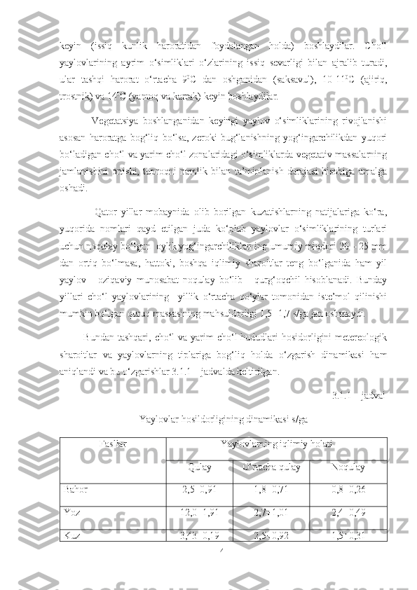 keyin   (issiq   kunlik   haroratidan   foydalangan   holda)   boshlaydilar.   Cho‘l
yaylovlarining   ayrim   o‘simliklari   o‘zlarining   issiq   sevarligi   bilan   ajralib   turadi,
ular   tashqi   harorat   o‘rtacha  
9 0
C   dan   oshganidan   (saksavul),   10-11 0
C   (ajiriq,
trostnik) va 14 0
C (yantoq va karrak) keyin boshlaydilar.   
              Vegetatsiya   boshlanganidan   keyingi   yaylov   o‘simliklarining   rivojlanishi
asosan   haroratga   bog‘liq   bo‘lsa,   zeroki   bug‘lanishning   yog‘ingarchilikdan   yuqori
bo‘ladigan cho‘l va yarim cho‘l zonalaridagi o‘simliklarda vegetativ massalarning
jamlanishini   ortishi,   tuproqni   namlik   bilan   ta’minlanish   darajasi   hisobiga   amalga
oshadi.
                Qator   yillar   mobaynida   olib   borilgan   kuzatishlarning   natijalariga   ko‘ra,
yuqorida   nomlari   qayd   etilgan   juda   ko‘plab   yaylovlar   o‘simliklarining   turlari
uchun noqulay bo‘lgan  oylik yog‘ingarchiliklarning umumiy miqdori 20 – 25 mm
dan   ortiq   bo‘lmasa,   hattoki,   boshqa   iqlimiy   sharoitlar   teng   bo‘lganida   ham   yil
yaylov   -   oziqaviy   munosabat   noqulay   bo‘lib   -   qurg‘oqchil   hisoblanadi.   Bunday
yillari   cho‘l   yaylovlarining     yillik   o‘rtacha   qo‘ylar   tomonidan   iste’mol   qilinishi
mumkin bo‘lgan quruq massasining mahsuldorligi 1,5 -1,7 s/ga jan oshmaydi.  
             Bundan tashqari,  cho‘l  va yarim  cho‘l  hududlari  hosidorligini  metereologik
sharoitlar   va   yaylovlarning   tiplariga   bog‘liq   holda   o‘zgarish   dinamikasi   ham
aniqlandi va bu o‘zgarishlar 3.1.1 – jadvalda keltirilgan.  
                                                                                                               3.1.1 – jadval
Yaylovlar hosildorligining dinamikasi s/ga
Fasllar Yaylovlarning iqlimiy holati
Qulay O‘rtacha qulay Noqulay
Bahor 2,5±0,91 1,8±0 ,71 0,8±0,26
Yoz 12,0±1,91 2,7±1,01 2,4±0,49
Kuz 3,43±0,19 2,5±0,92 1,5±0,31
41 