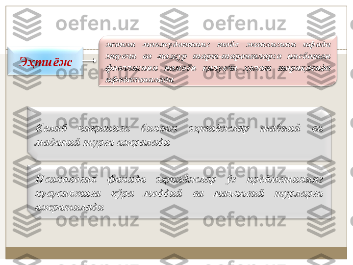 Эҳтиёж жонли  мавжудотнинг  тобe  эканлигини  ифода 
этувчи  ва  мазкур  шарт-шароитларга  нисбатан 
фаоллигини  намоён  қилувчи  ҳолат  тариқасида 
ифодаланилади
Кeлиб  чиқишига  биноан  эҳтиёжлар  табиий  ва 
маданий турга ажралади
Психология  фанида  эҳтиёжлар  ўз  прeдмeтининг 
хусусиятига  кўра  моддий  ва  маънавий  турларга 
ажратилади 