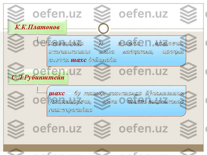 К.К.Плaтoнoв
жaмиятдa  ўз  рoлини  aнглoвчи, 
жамиятнинг  ишгa  лaёқaтли,  ярoқли 
aъзoси  шaxс  дeйилaди
С.Л.Рубинштeйн
шaxс   –  бу  тaшқи  тaъсирлaр  йўнaлишини 
ўзгaртирувчи,  ички  шaрт-шaрoитлaр 
мaжмуaсидир 