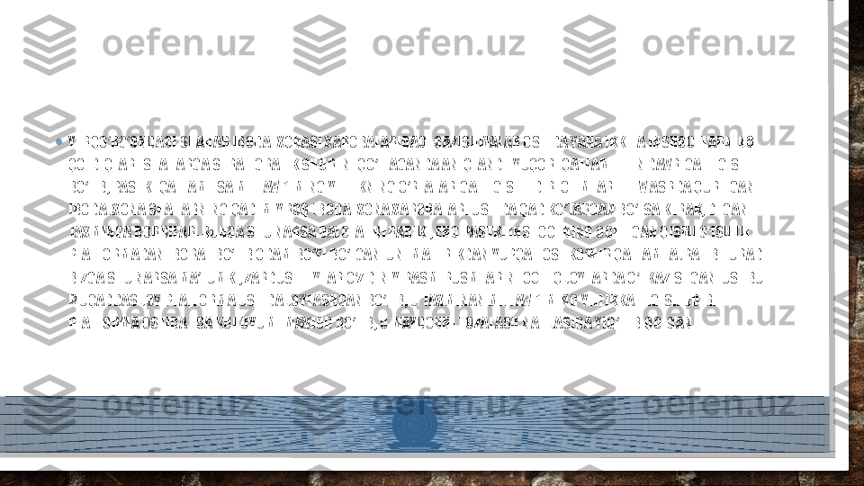 • YERQO RG ONDAGI SHAHAR IBODATXONASI XAROBALARIDAGI QAZISHMALAR OSTIDA YANA IKKITA INSHOOTLARNING ʻ ʻ
QOLDIQLARI SHAHARGA STRATIGRAFIK SHURFNI QO LLAGANDA ANIQLANDI. YUQORI QATLAM ELLIN DAVRIGA TEGISHLI 	
ʻ
BO LIB, PASTKI QATLAM ESA MIL. AV. 1 MING YILLIKNING O RTALARIGA TEGISHLIDIR. OLIMLAR III-IV ASRDA QURILGAN 	
ʻ ʻ
IBODATXONA SHAHARNING QADIMIYROQ IBODATXONA XAROBALARI USTIDA QAD KO TARGAN BO LSA KERAK, DEGAN 	
ʻ ʻ
TAXMINGA BORDILAR. BUNGA SHU NARSA DALOLAT BERADIKI, ENG PASTKI INSHOOTNING OCHILGAN QISMI G ISHTLI 	
ʻ
PLATFORMADAN IBORAT BO LIB ODAM BO YI BO LGAN. UNI MATERIKDAN YUPQA TOSHKO MIR QATLAMI AJRATIB TURADI. 	
ʻ ʻ ʻ ʻ
BIZGA SHU NARSA MA LUMKI, ZARDUSHTIYLAR O Z DINIY RASM-RUSMLARINI OCHIQ JOYLARDA O TKAZISHGAN. USHBU 	
ʼ ʻ ʻ
MUQADDAS JOY PLATFORMA USTIDA JOYLASHGAN BO LIB, U TAXMINAN MIL. AV. 1 MING YILLIKKA TEGISHLIDIR. 	
ʻ
PLATFORMA OSTIDA ESA KUL UYUMI MAVJUD BO LIB, U MAYDONNI TOZALASH NATIJASIDA YIG ILIB QOLGAN.	
ʻ ʻ  