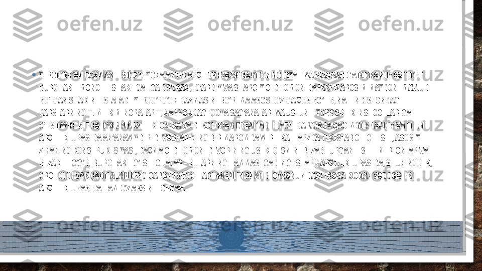 • YERQO RG ON DAXMASI - SO G DIYONA ANTIK ARXITEKTURASIDAGI O Z MOHIYATI VA MAQSADIGA KO RA NOYOB TO RT ʻ ʻ ʻ ʻ ʻ ʻ ʻ
BURCHAKLI MONOLIT SHAKLIGA EGA BO LGAN, -G ARBIY VA SHARQIY OLD TOMONIDA IKKI MAROSIM MAYDONI MAVJUD 	
ʻ ʻ
BO LGAN SHAKLNI ESLATADI. YERQO RG ON DAXMASINI BO RTMA ASOSI O ZIGA XOS BO LIB, NA HINDISTONDAGI 	
ʻ ʻ ʻ ʻ ʻ ʻ
PARSLARNING "JIMLIK MINORALARI", NA ERONDAGI QOYA SAG ANALARI VA USTUNLI YODGORLIK INSHOOTLARIGA 	
ʻ
O HSHAYDI. BIROQ DAXMA ARXITEKTONIKA VA DEKORINING DETALLARI ETARLI DARAJADA QADIMGI SHARQIY VA ELLIN 	
ʻ
ARXITEKTURASIDA AN ANAVIYDIR. DEVORLARINING BIR MAROMDA VERTIKAL TARZDA TEKISLAB CHIQILISHI, ASOSIY 	
ʼ
ZINANING KONSTRUKTSIYASI, DAXMA OLD TOMONI DEVORINING USTKI QISMINI BEZAB TURGAN TISHLI MERLONLAR VA 
BEZAKLI TO G RI BURCHAKLI G ISHTCHALAR - BULARNING HAMMASI QADIMGI SHARQ ARXITEKTURASIDA, SHUNINGDEK, 	
ʻ ʻ ʻ
OROL OLDI SAK QABILALARINING QABR INSHOOTLARI VA ELLIN SHAHRI OYXONUMDAGI IBODATXONA - YODGORLIK 
ARXITEKTURASIDA HAM O Z AKSINI TOPGAN.	
ʻ  