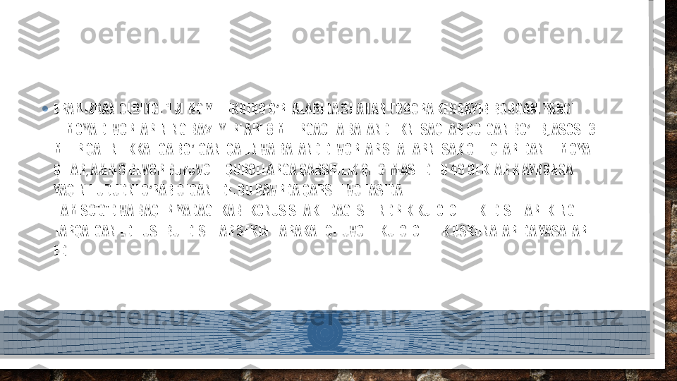 • ERAMIZDAN OLDINGI 1 MING YILLIKNING O RTALARIDA SHAHAR TOBORA KENGAYIB BORGAN. YANGI ʻ
HIMOYA DEVORLARINING BA ZI YERLARI 8 METRGACHA BALANDLIKNI SAQLAB QOLGAN BO LIB, ASOSI 3 	
ʼ ʻ
METR QALINLIKKA EGA BO LGAN. QALIN VA BALAND DEVORLAR SHAHARNI SAK OTLIQLARIDAN HIMOYA 	
ʻ
QILAR, AMMO DEVOR BUZUVCHI QUROLLARGA QARSHILIK QILOLMAS EDI. U 40 GEKTAR MAYDONGA 
YAQIN HUDUDNI O RAB OLGAN EDI. BU DAVRDA QARSHI VOHASIDA 	
ʻ
HAM SO'G'D VA BAQTRIYADAGI KABI KONUS SHAKLIDAGI SILINDRIK KULOLCHILIK IDISHLARI KENG 
TARQALGAN EDI. USHBU IDISHLAR SEKIN HARAKAT QILUVCHI KULOLCHILIK USKUNALARIDA YASALAR 
EDI.  