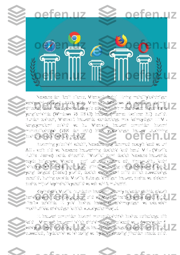 Netscape-dan   farqli   o'laroq,   Microsoft   darhol   IEning   mahalliylashtirilgan
versiyasini   chiqazdi.   1995   yilda   Microsoft   Windows   95   operatsion   tizimini
chiqardi,   unda   o'rnatilgan   brauzer   yo'q   edi,   ammo   bir   muncha   vaqt   o'tgach   tizim
yangilanishida   (Windows   95   OSR2)   brauzer   (Internet   Explorer   3.0)   qurildi.
Bundan   tashqari,   Microsoft   brauzerida   standartlarga   mos   kelmaydigan   HTML
kengaytmalarni   qo'shdi   va   bu   Microsoft   brauzeri   tomonidan   bozorni
monopollashtirish   (95%   dan   ortiq)   bilan   yakunlangan   brauzer   urushining
boshlanishi deb hisoblash mumkin.
Bozorning yo'qolishi  sababli,   Netscape-ning  daromadi   pasayib  ketdi   va uni
AOL   sotib   oldi   va   Netscape   brauzerining   dastlabki   kodi   bepul   MPL   (Mozilla
Public   License)   ostida   chiqarildi.   "Mozilla"   nomi   dastlab   Netscape   brauzerida
paydo   bo'lgan   va   Mosaic   +   qotil   uchun   qisqartma   edi.   Biroq,   ushbu   kodni
ishlatmaslik   to'g'risida   qaror   qabul   qilindi   va   buning   o'rniga   Netscape   6   uchun
yangi   dvigatel   (Gecko)   yozildi,   dastlab   standartlarni   to'liq   qo'llab-quvvatlashga
qaratildi,   buning   asosida   Mozilla   Suite-ga   kiritilgan   brauzer,   pochta   va   elektron
pochta mijozi keyinchalik yaratildi va veb-sahifa muharriri.
Keyinchalik Mozilla Foundation brauzerni umumiy paketdan alohida etkazib
berishga  va ishlab chiqishga qaror qildi  va Mozilla Firefox loyihasi  paydo bo'ldi.
Firefox   tarkibida   IE   yoki   boshqa   brauzerlar   etishmayotgan   va   asta-sekin
mashhurlikka erishadigan ko'plab xususiyatlar mavjud.
IE   brauzeri   tomonidan   bozorni   monopollashtirish   boshqa   oqibatlarga   olib
keldi  - Microsoft  brauzerni  ishlab  chiqishni  deyarli  to'xtatdi  va u 4-versiyadan  6-
versiyaga deyarli o'zgargan: u boshqa brauzerlarga qaraganda standartlarni qo'llab-
quvvatladi, foydalanish va ish tezligi va foydalanish tezligi jihatidan orqada qoldi. 