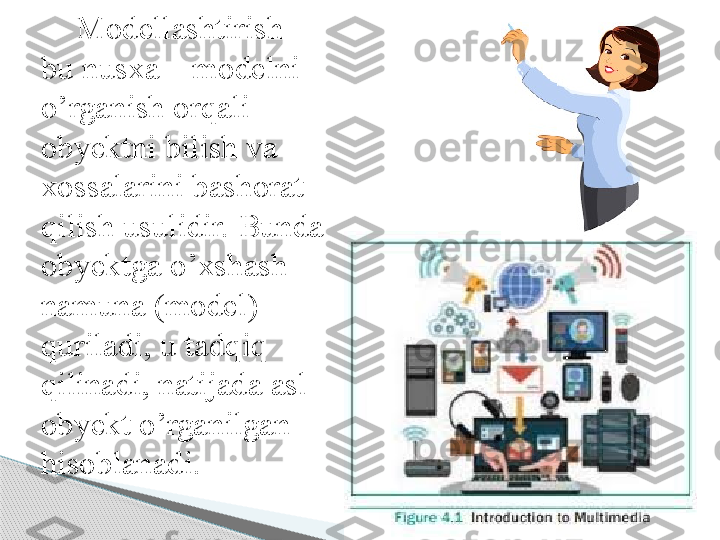 Modellashtirish – 
bu nusxa – modelni 
o’rganish orqali 
obyektni bilish va 
xossalarini bashorat 
qilish usulidir. Bunda 
obyektga o’xshash 
namuna (model) 
quriladi, u tadqiq 
qilinadi, natijada asl 
obyekt o’rganilgan 
hisoblanadi.      