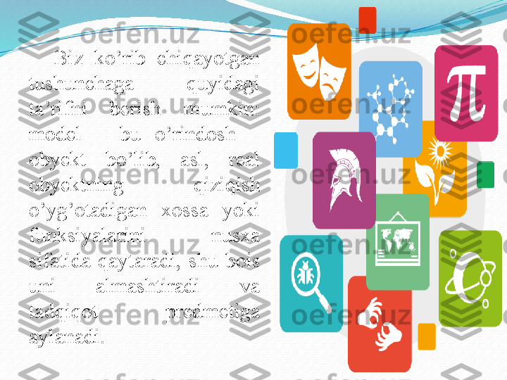 Biz  ko’rib  chiqayotgan 
tushunchaga  quyidagi 
ta’rifni  berish  mumkin: 
model  –  bu  o’rindosh  – 
obyekt  bo’lib,  asl,  real 
obyektning  qiziqish 
o’yg’otadigan  xossa  yoki 
funksiyalarini  nusxa 
sifatida  qaytaradi,  shu  bois 
uni  almashtiradi  va 
tadqiqot  predmetiga 
aylanadi.  