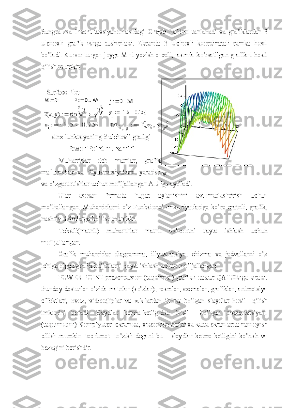 Sungra   zsa   Insert   tavsiyanomasidagi   Graph   bo’limi   tanlanadi   va   grafiklardan   3
ulchovli   grafik   ishga   tushiriladi.   Ekranda   3   ulchovli   koordinatali   ramka   hosil
bo’ladi. Kursor turgan joyga M ni yozish orqali, rasmda ko’rsatilgan grafikni hosil
qilish mumkin:
sinx funktsiyaning 3 ulchovli grafigi
Power Point muharriri
Muharrirlar   deb   matnlar,   grafik
ma'lumotlar   va   illyustratsiyalarni   yaratish
va o’zgartirtishlar uchun mo’ljallangan ADPga aytiladi.
Ular   asosan   firmada   hujjat   aylanishini   avtomatlashtirish   uchun
mo’ljallangan.   Muharrirlarni   o’z   Funksional   imkoniyatlariga   ko’ra   matnli,   grafik,
nashriy tizimlarga bo’lish mumkin.
Tekstli(matnli)   muharrirlar   matnli   axborotni   qayta   ishlash   uchun
mo’ljallangan.
Grafik   muharrirlar   diagramma,   illyustratsiya,   chizma   va   jadvallarni   o’z
ichiga olgan grafik hujjatlarni qayta ishlash uchun mo’ljallangan. 
POWER POINT prezentatsion (taqdimot ) grafikli dastur QATORiga kiradi.
Bunday dasturlar o’zida matnlar (so’zlar), rasmlar, sxemalar, grafiklar, animatsiya
effektlari,   ovoz,   videoqliplar   va   x.k.lardan   iborat   bo’lgan   slaydlar   hosil     qilish
imkonini   beradi.   Slaydlar   ketma-ketligidan   hosil     bo’lgan   prezentatsiyani
(taqdimot ni) Komp’yuter  ekranida, videomonitorlar va katta ekranlarda namoyish
qilish   mumkin.   taqdimot     to’zish   degani   bu   –   slaydlar   ketma-ketligini   ko’rish   va
bezagini berishdir. M Surface Plot	
M	20		i	0	M		j	0	M		
fx	y	(	)	sin	x2	y2					yj	1.5	0.15	j			
xi	1.5	0.15	i			M	i	j	f	xi	y	j				 