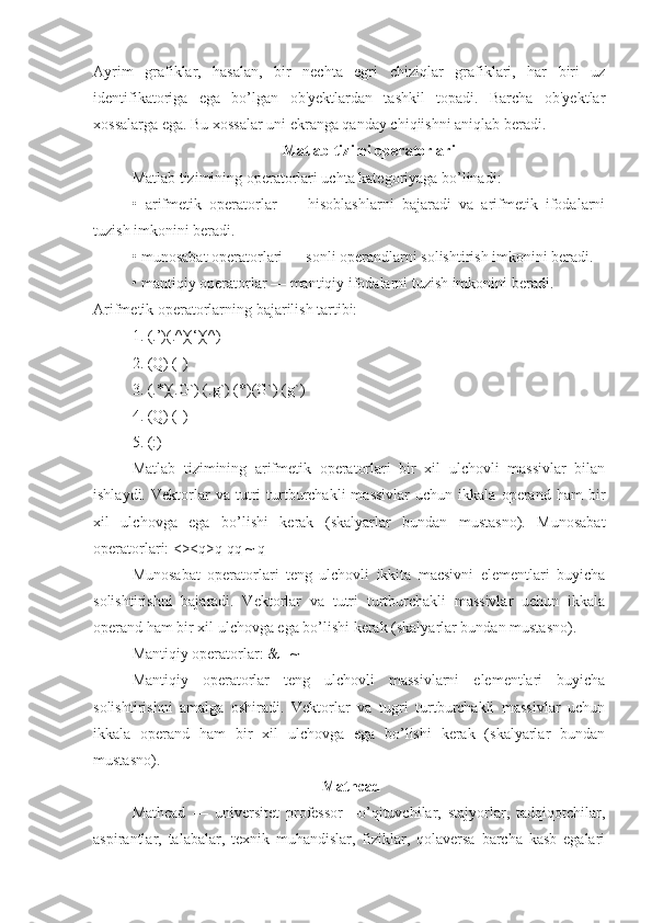 Ayrim   grafiklar,   hasalan,   bir   nechta   egri   chizi q lar   grafiklari,   har   biri   uz
identifikatoriga   ega   bo’lgan   ob'yektlardan   tashkil   topadi.   Barcha   ob'yektlar
xossalarga ega. Bu xossalar uni ekranga qanday chiqiishni aniqlab beradi.
Matlab tizimi operatorlari
Matlab tizimining operatorlari uchta kategoriyaga bo’linadi:
•   arifmetik   operatorlar   —   hisoblashlarni   bajaradi   va   arifmetik   ifodalarni
tuzish imkonini beradi.
• munosabat operatorlari — sonli operandlarni solishtirish imkonini beradi.
• mantiqiy operatorlar — mantiqiy ifodalarni tuzish imkonini beradi.
Arifmetik operatorlarning bajarilish tartibi: 
1. (.’)(.^)(‘)(^)
2. (Q) (-)
3. (.*)(.G`) (.g`) (*)(G`) (g`)
4. (Q) (-) 
5. (:)
Matlab   tizimining   arifmetik   operatorlari   bir   xil   ulchovli   massivlar   bilan
ishlaydi.   Vektorlar   va  tutri   turtburchakli   massivlar   uchun   ikkala  operand   ham   bir
xil   ulchovga   ega   bo’lishi   kerak   (skalyarlar   bundan   mustasno).   Munosabat
operatorlari: <><q>q qq ~ q
Munosabat   operatorlari   teng   ulchovli   ikkita   macsivni   elementlari   buyicha
solishtirishni   bajaradi.   Vektorlar   va   tutri   turtburchakli   massivlar   uchun   ikkala
operand ham bir xil ulchovga ega bo’lishi kerak (skalyarlar bundan mustasno).
Manti q iy operatorlar: & | ~
Manti q iy   operatorlar   teng   ulchovli   massivlarni   elementlari   buyicha
solishtirishni   amalga   oshiradi.   Vektorlar   va   tugri   turtburchakli   massivlar   uchun
ikkala   operand   ham   bir   xil   ulchovga   ega   bo’lishi   kerak   (skalyarlar   bundan
mustasno).
 Mathcad 
Mathcad   —   universitet   professor—o’qituvchilar,   stajyorlar,   tadqiqotchilar,
aspirantlar,   talabalar,   texnik   muhandislar,   fiziklar,   qolaversa   barcha   kasb   egalari 